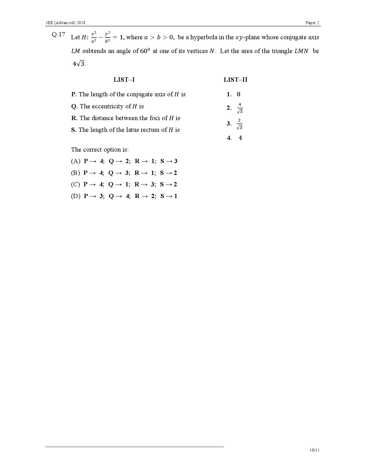 JEE Advanced Exam Question Paper 2018 Paper 2 Mathematics 10