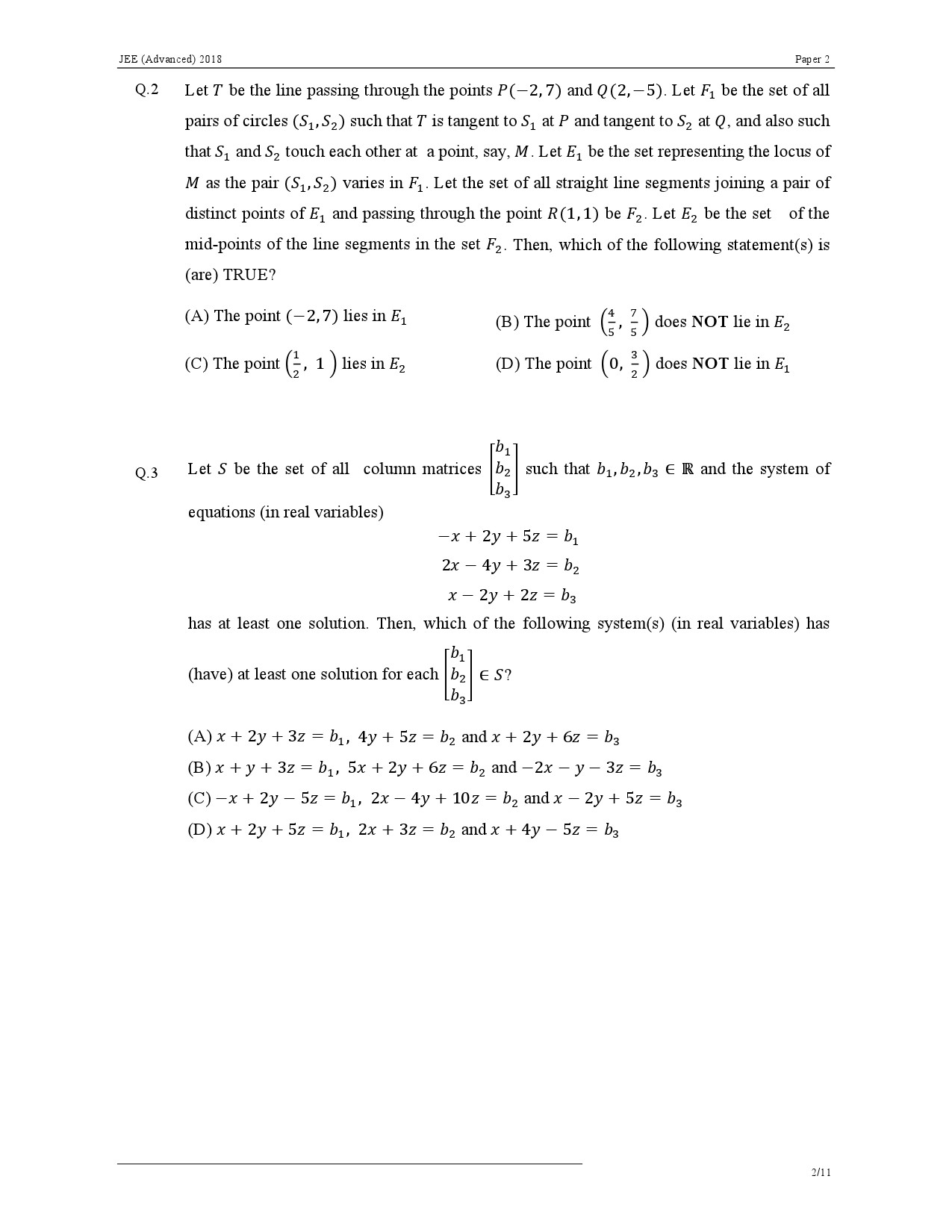 JEE Advanced Exam Question Paper 2018 Paper 2 Mathematics 2