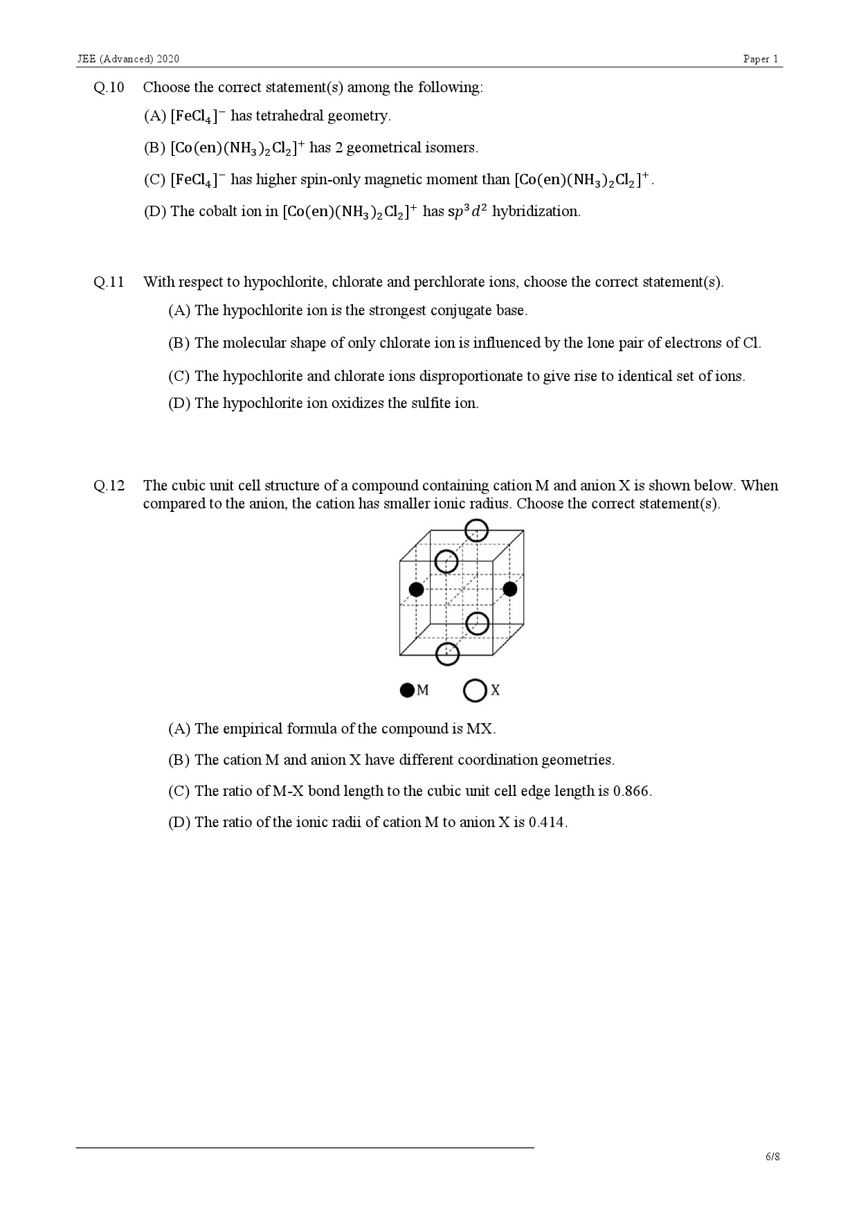 JEE Advanced Exam Question Paper 2020 Paper 1 Chemistry 6