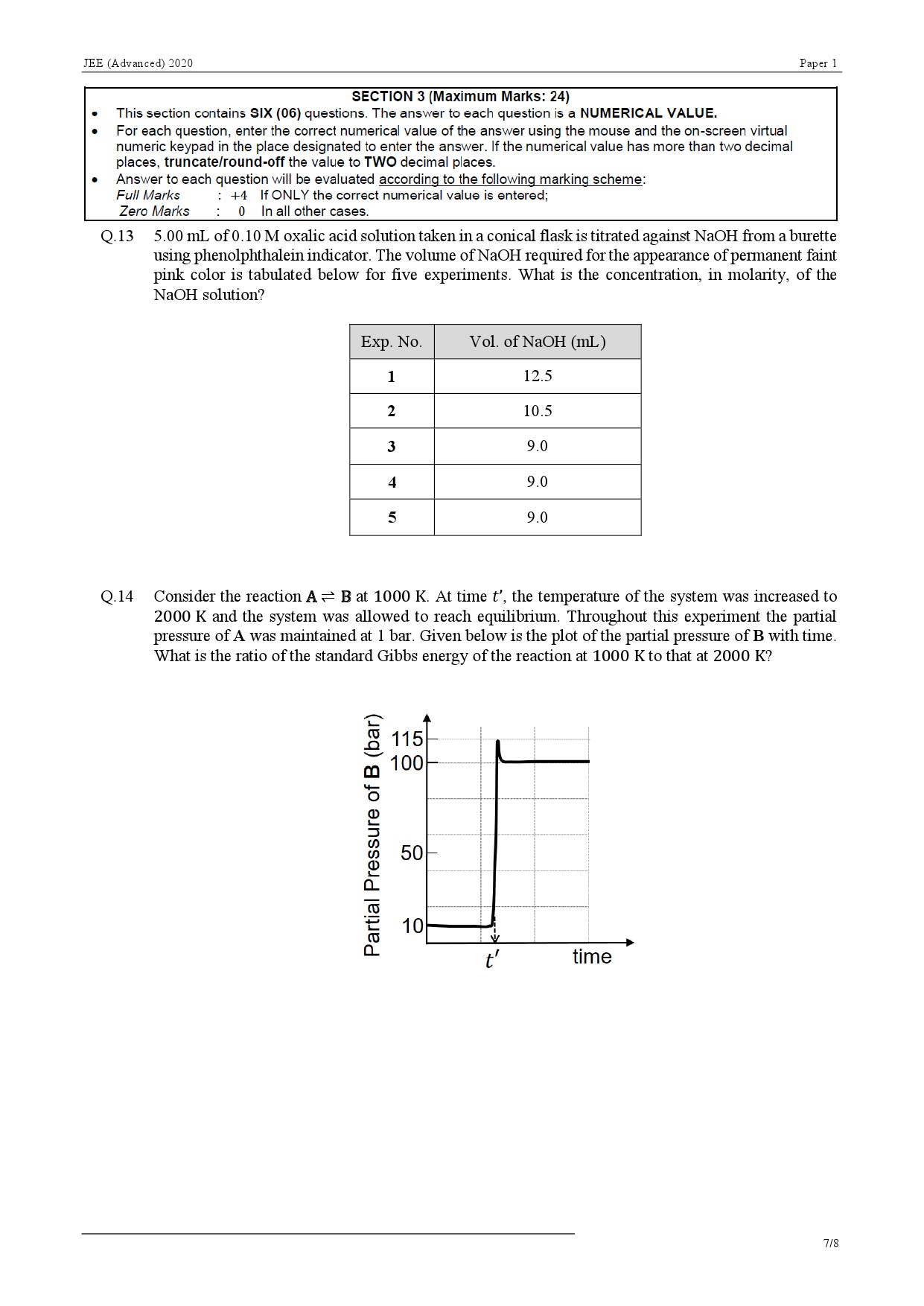 JEE Advanced Exam Question Paper 2020 Paper 1 Chemistry 7