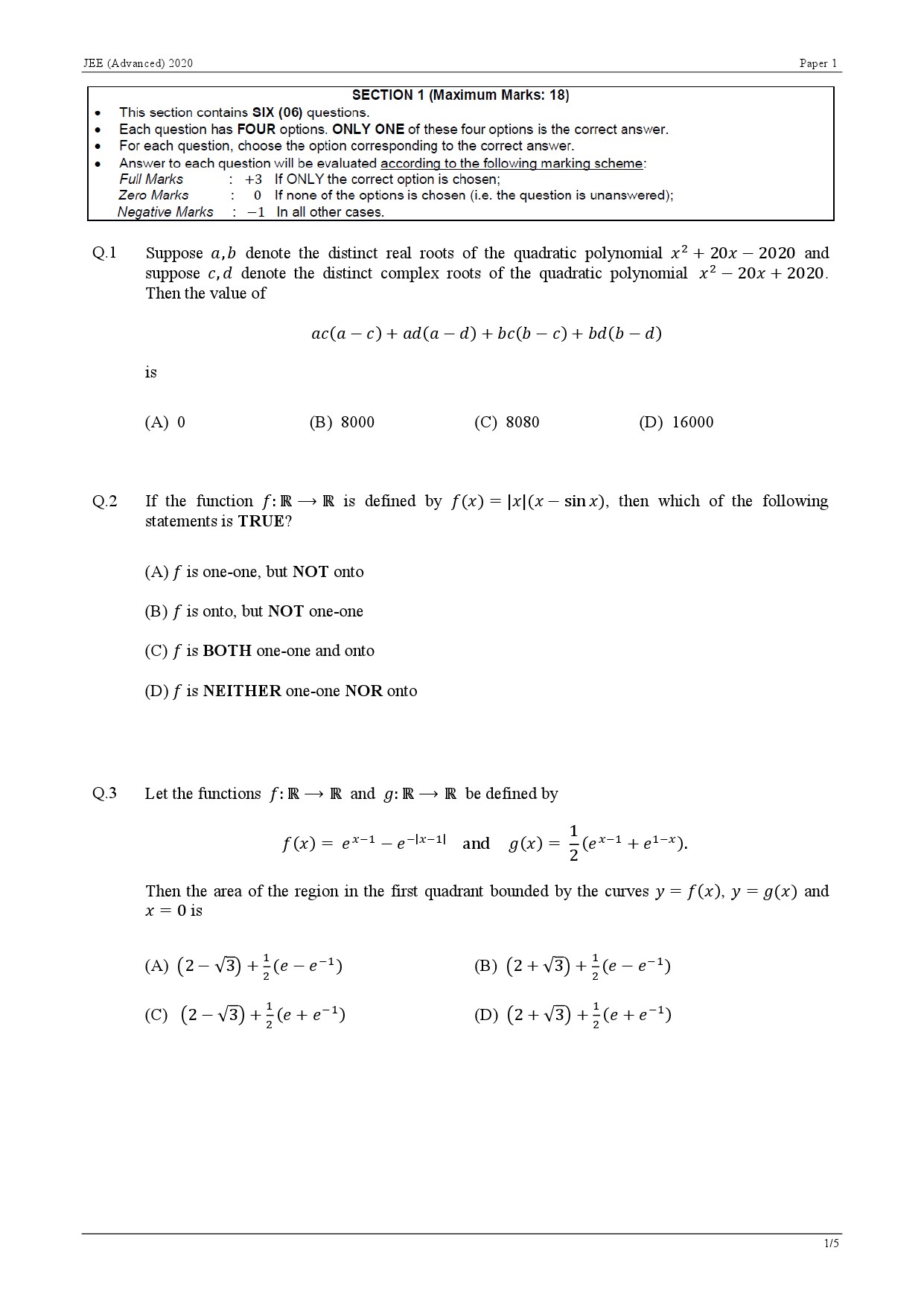 JEE Advanced Exam Question Paper 2020 Paper 1 Mathematics 1