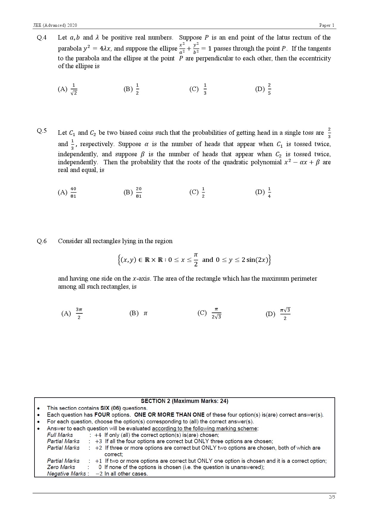 JEE Advanced Exam Question Paper 2020 Paper 1 Mathematics 2