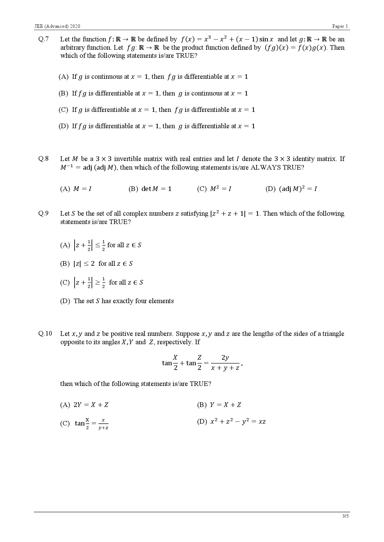 JEE Advanced Exam Question Paper 2020 Paper 1 Mathematics 3