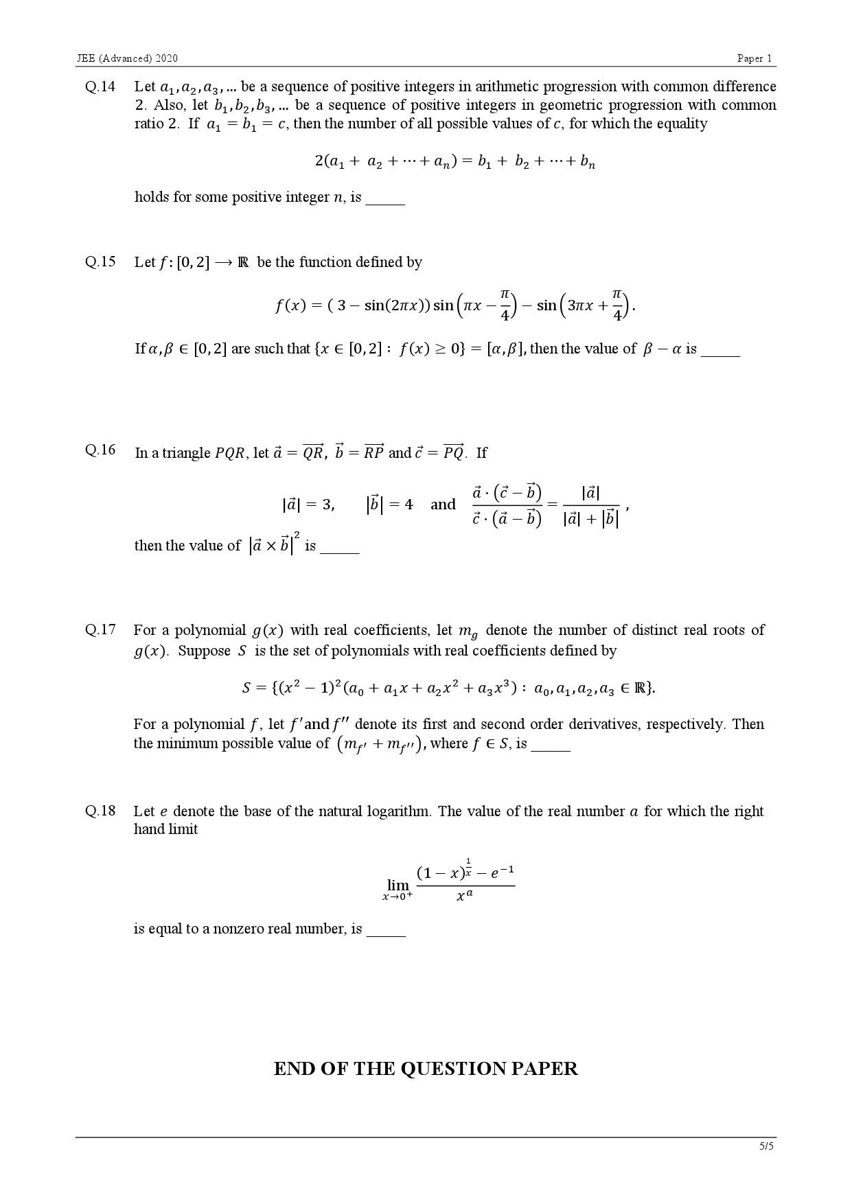 JEE Advanced Exam Question Paper 2020 Paper 1 Mathematics 5