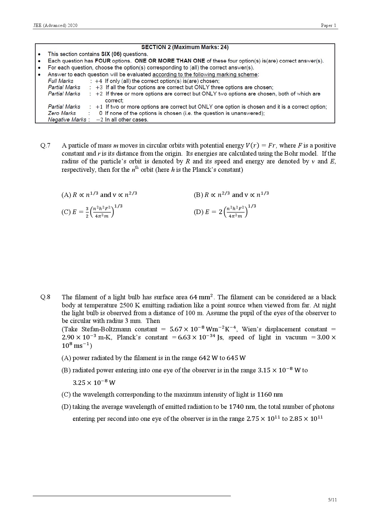 JEE Advanced Exam Question Paper 2020 Paper 1 Physics 5