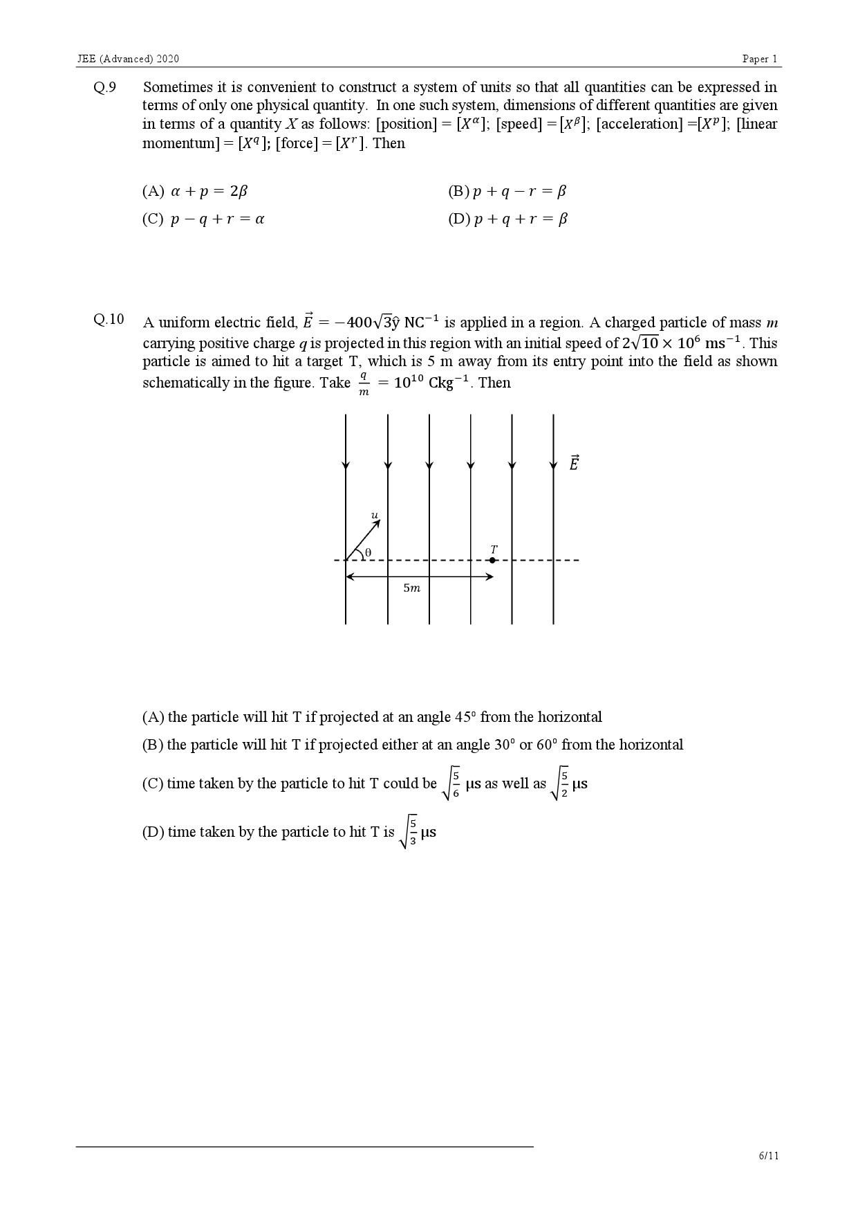 JEE Advanced Exam Question Paper 2020 Paper 1 Physics 6