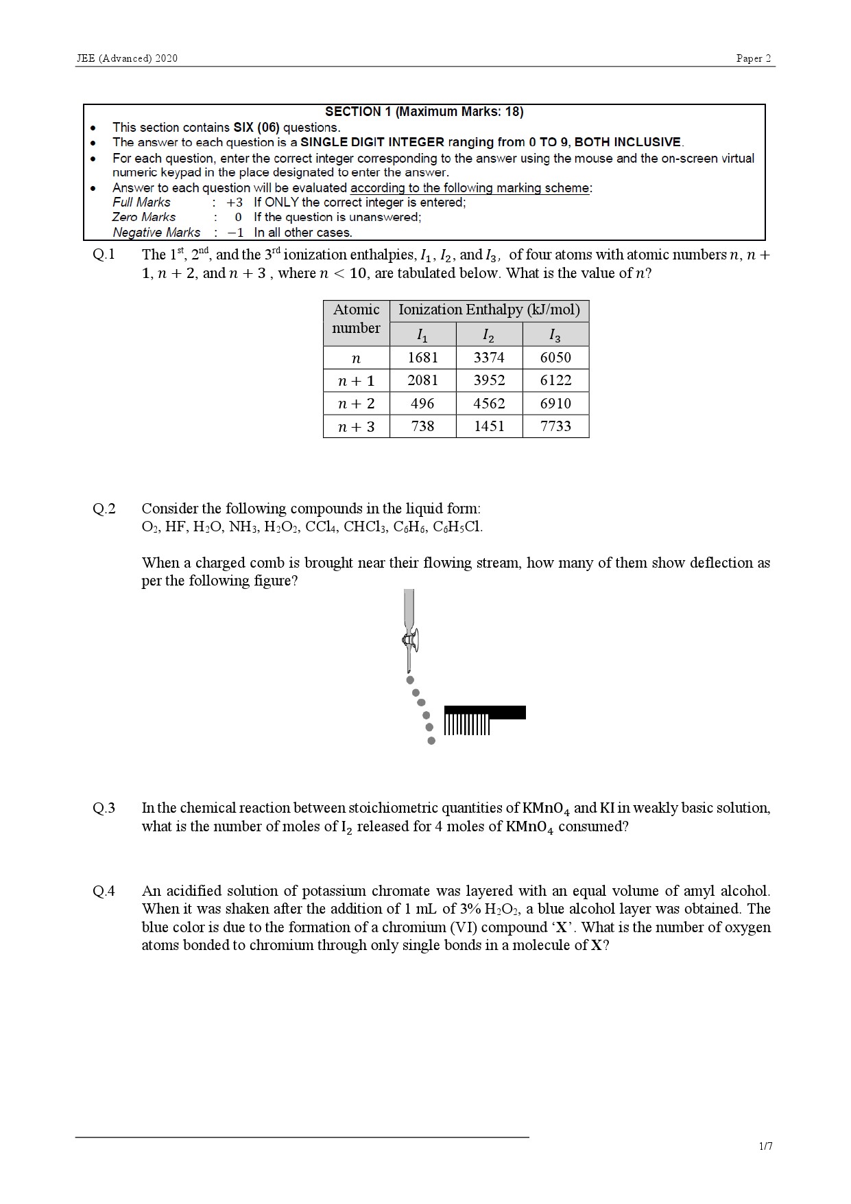 JEE Advanced Exam Question Paper 2020 Paper 2 Chemistry 1