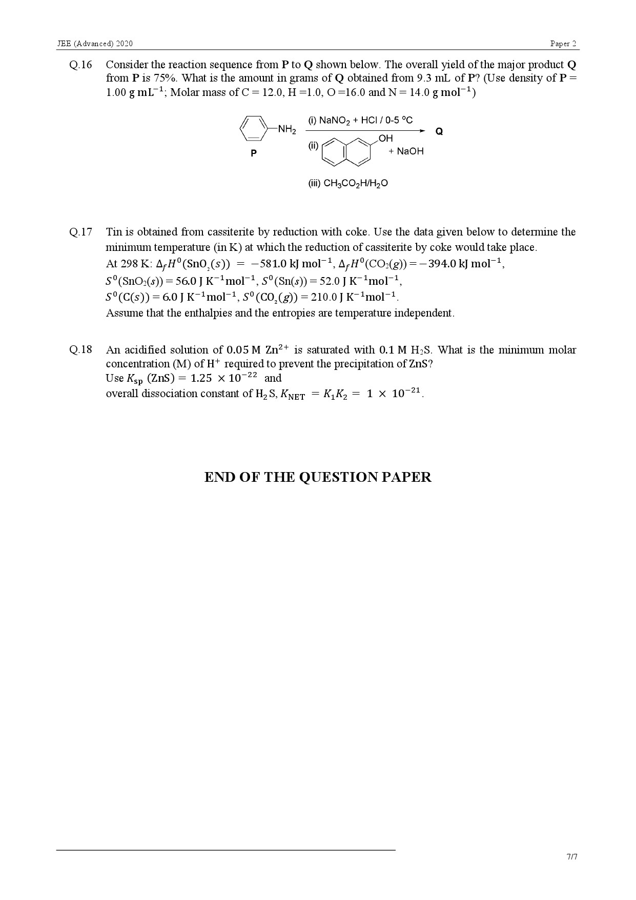 JEE Advanced Exam Question Paper 2020 Paper 2 Chemistry 7
