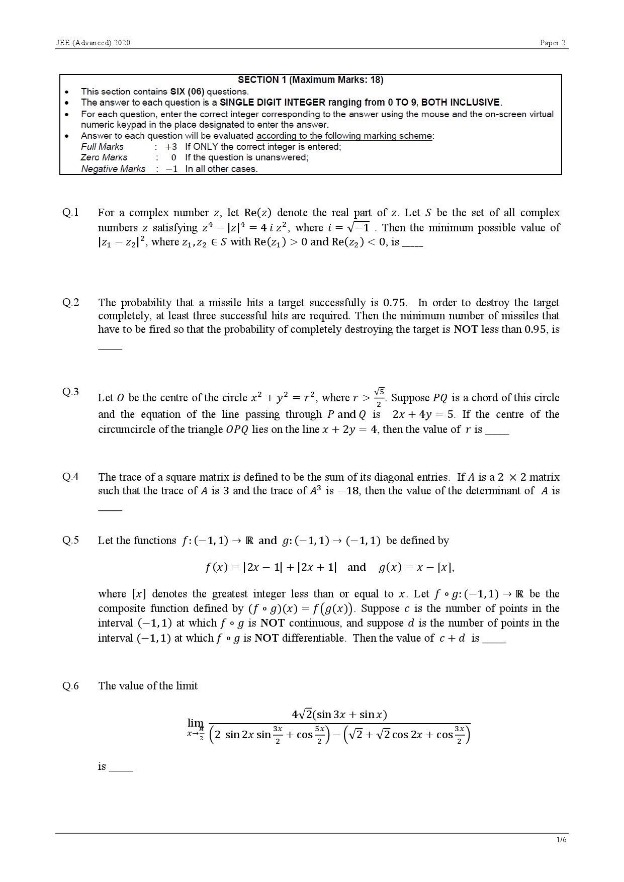JEE Advanced Exam Question Paper 2020 Paper 2 Mathematics 1