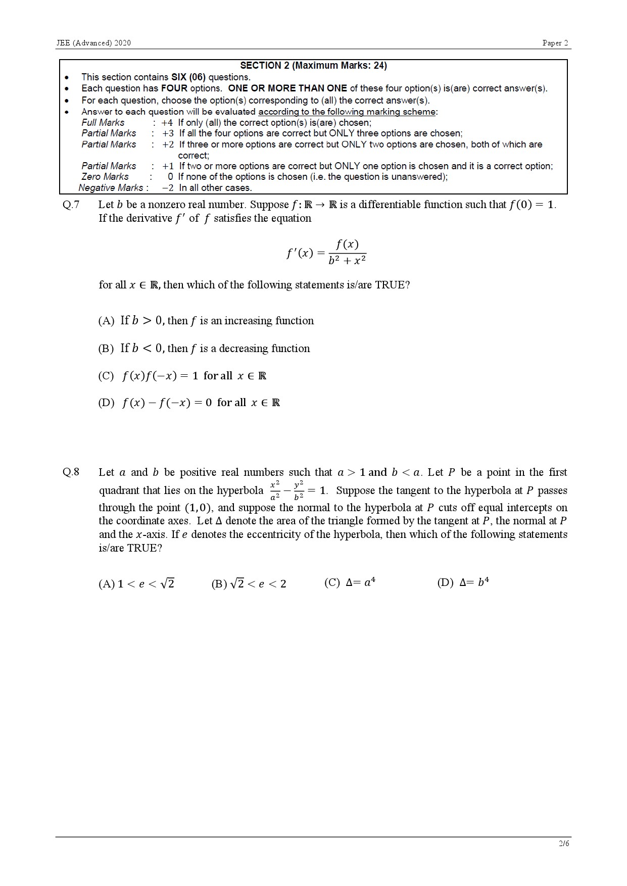 JEE Advanced Exam Question Paper 2020 Paper 2 Mathematics 2