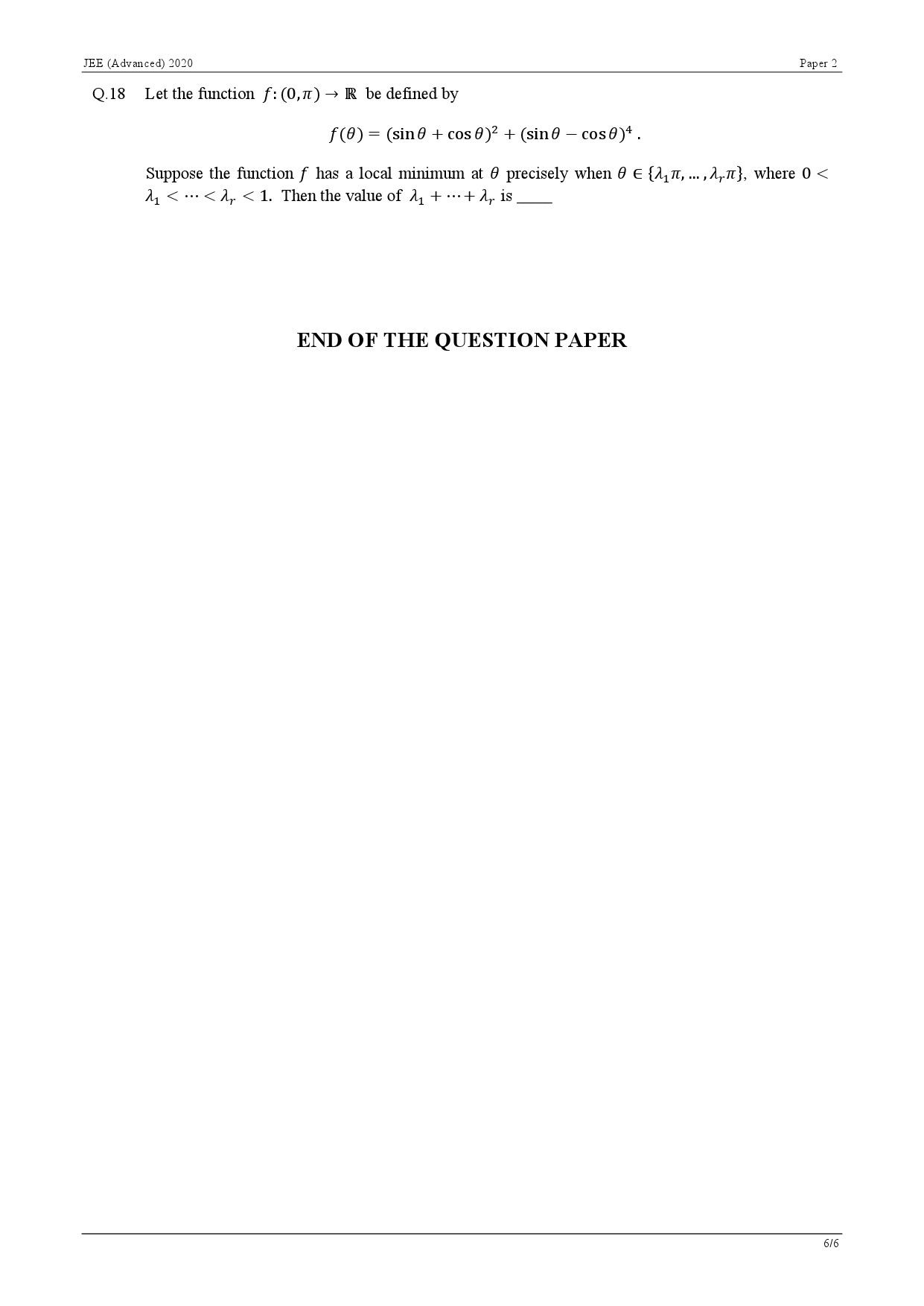 JEE Advanced Exam Question Paper 2020 Paper 2 Mathematics 6