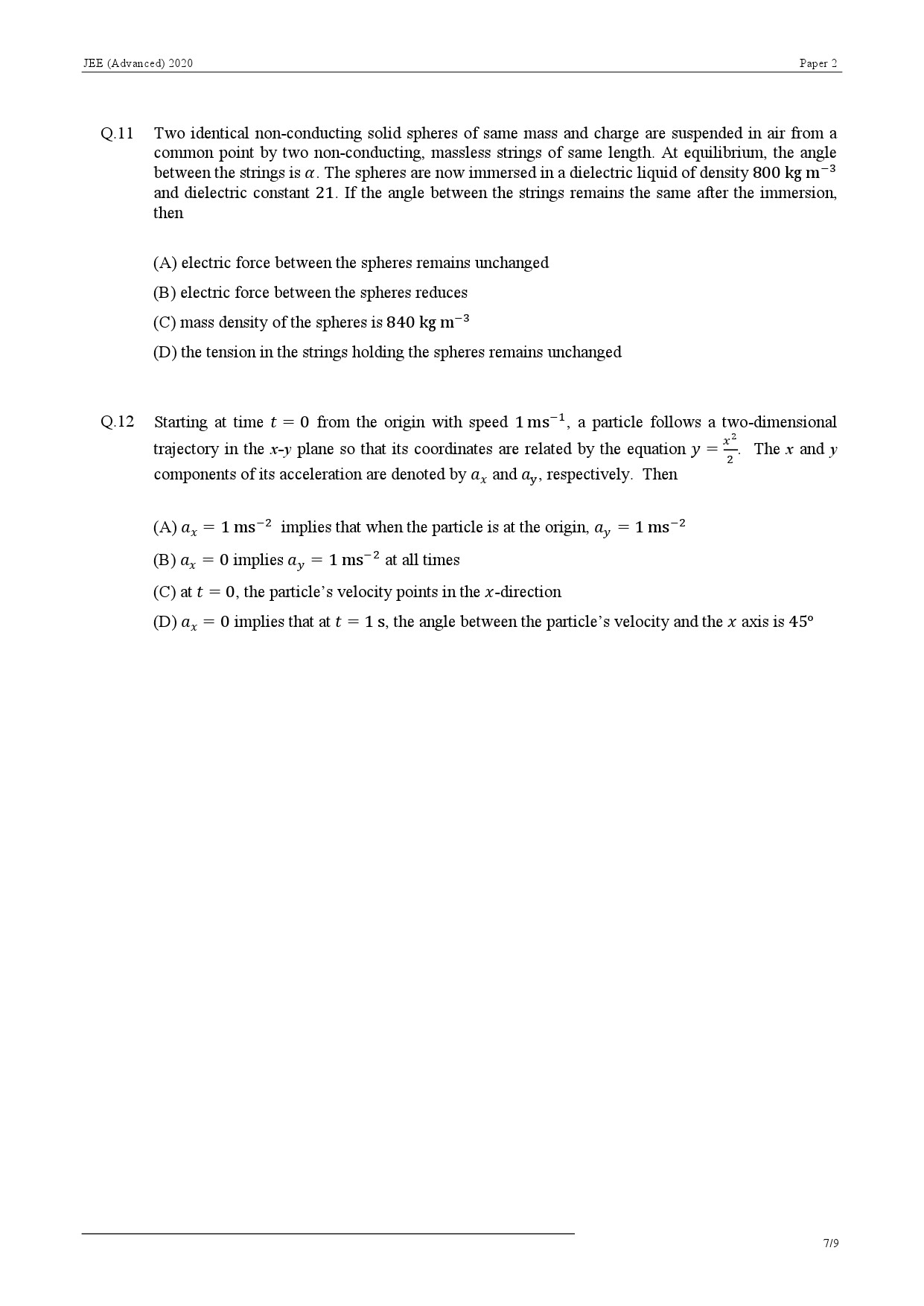 JEE Advanced Exam Question Paper 2020 Paper 2 Physics 7