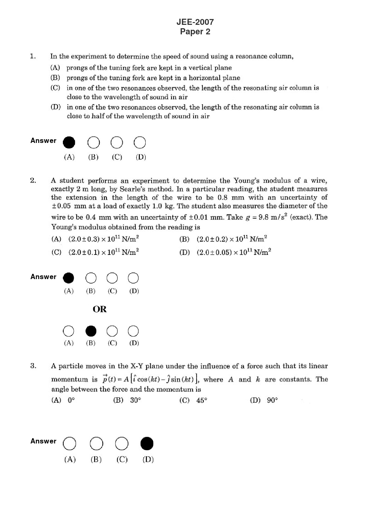 JEE Exam Question Paper 2007 Paper 2 1