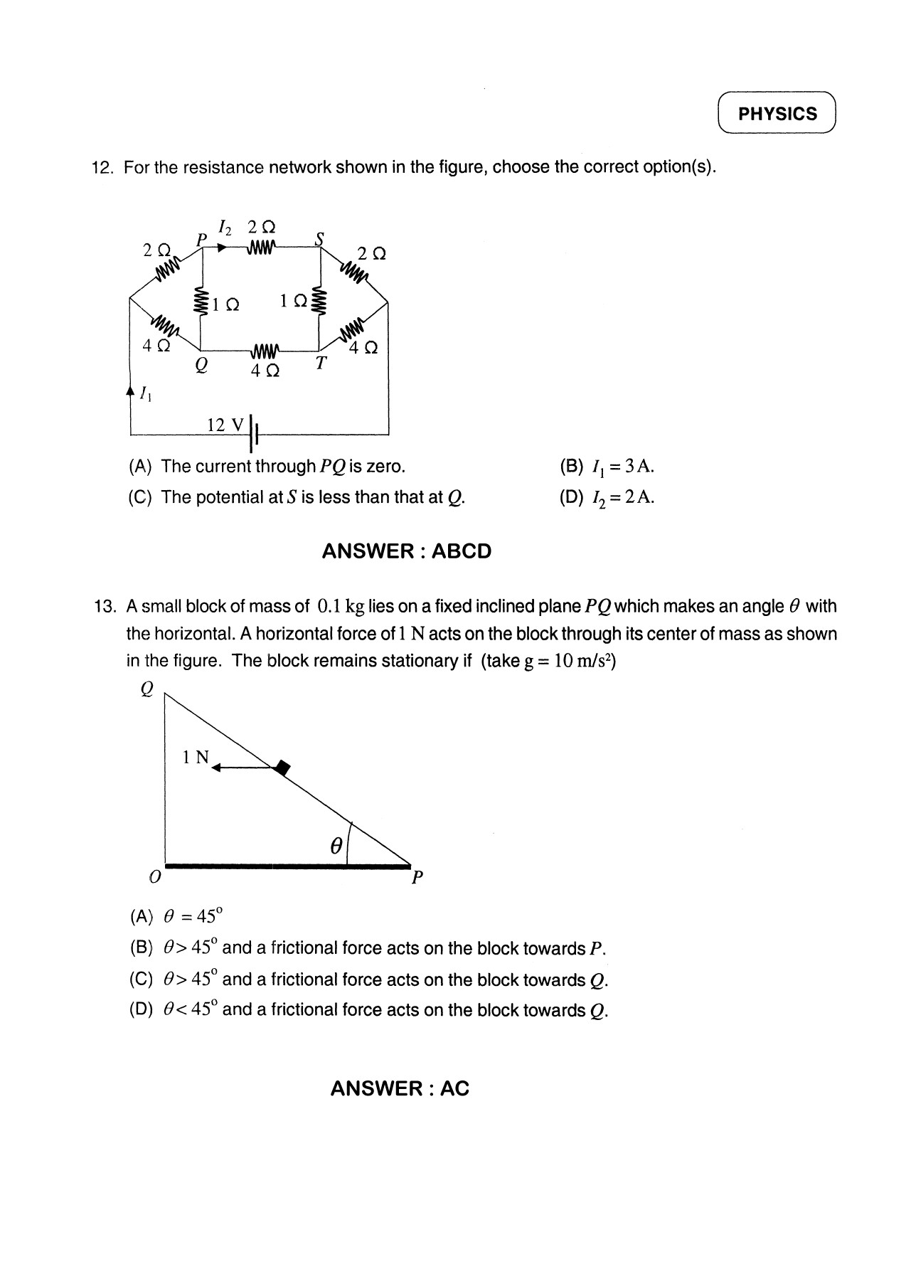 JEE Exam Question Paper 2012 Paper 1 Physics 8