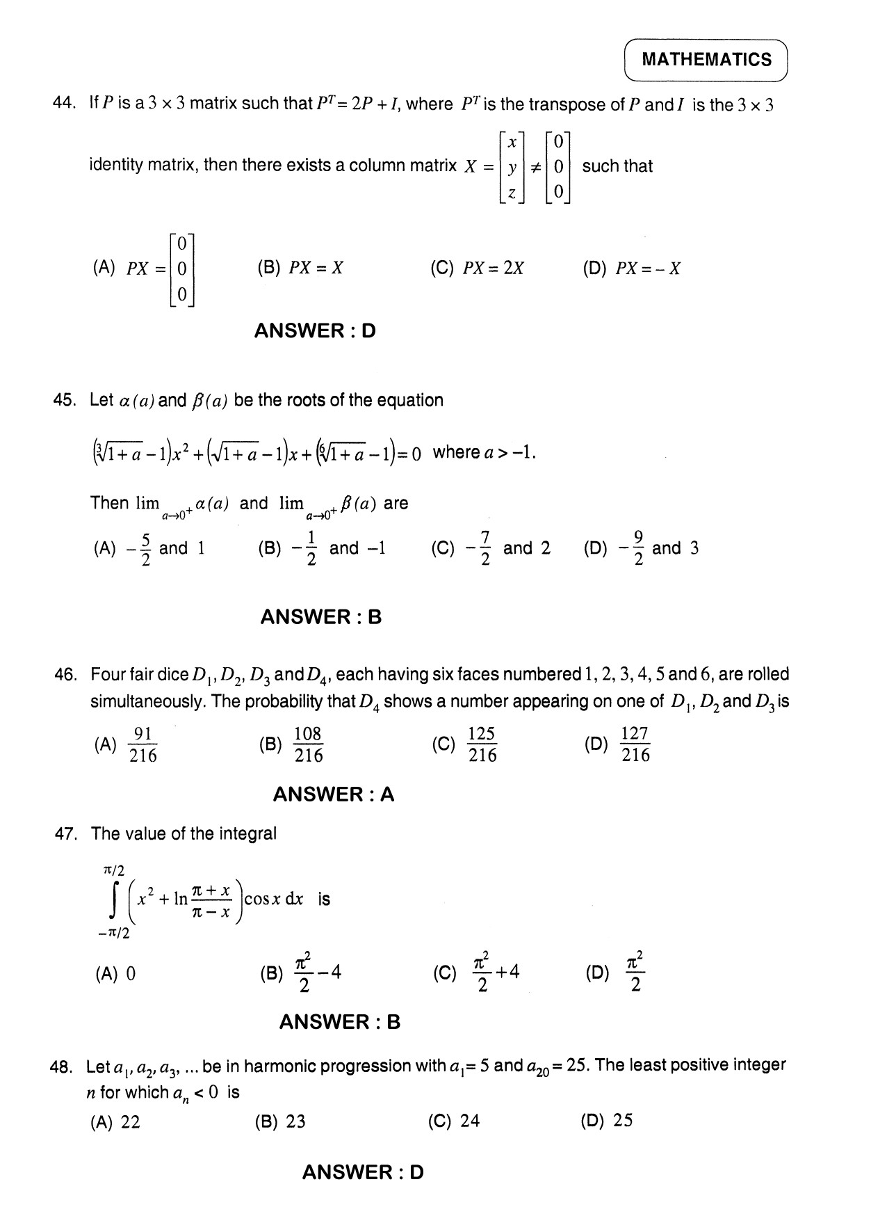 JEE Exam Question Paper 2012 Paper 2 Mathematics 2