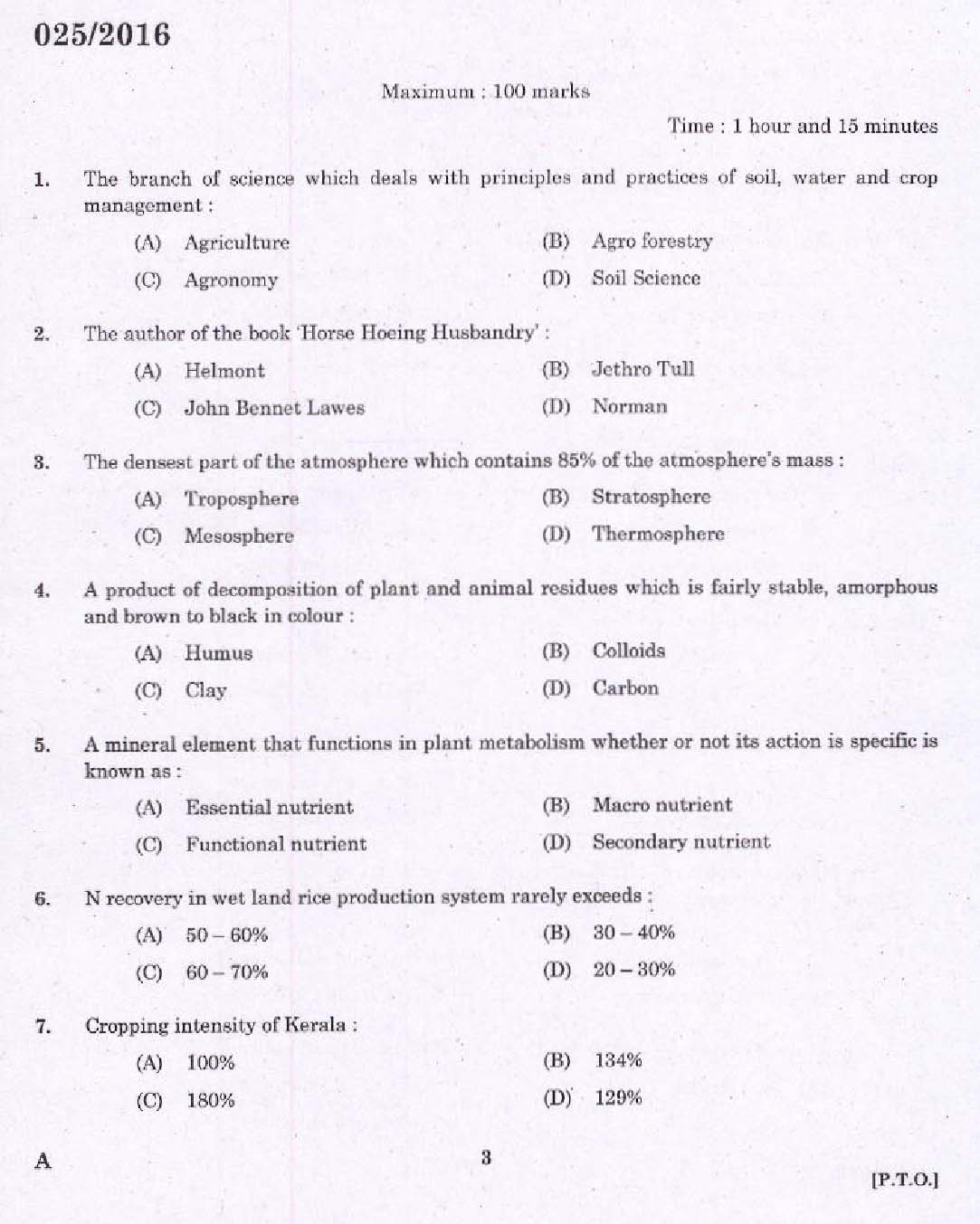 Kerala PSC Field Assistant Exam Question Code 0252016 1