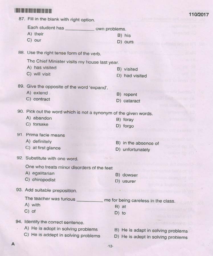 Kerala PSC Fireman Exam 2017 Question Paper Code 1102017 12