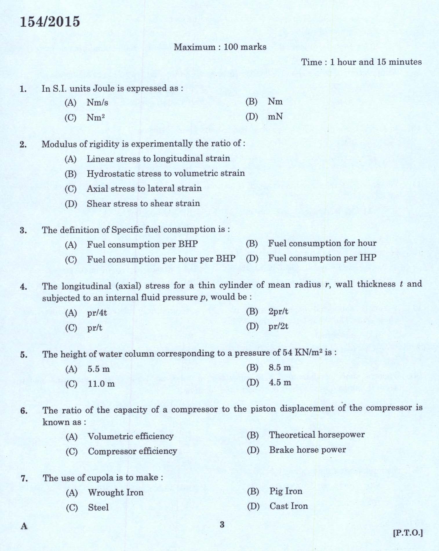 Kerala PSC Foreman Exam 2015 Question Paper Code 1542015 1