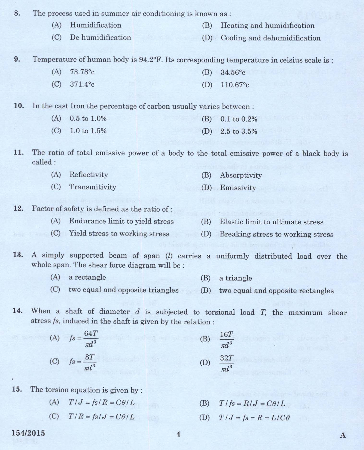 Kerala PSC Foreman Exam 2015 Question Paper Code 1542015 2