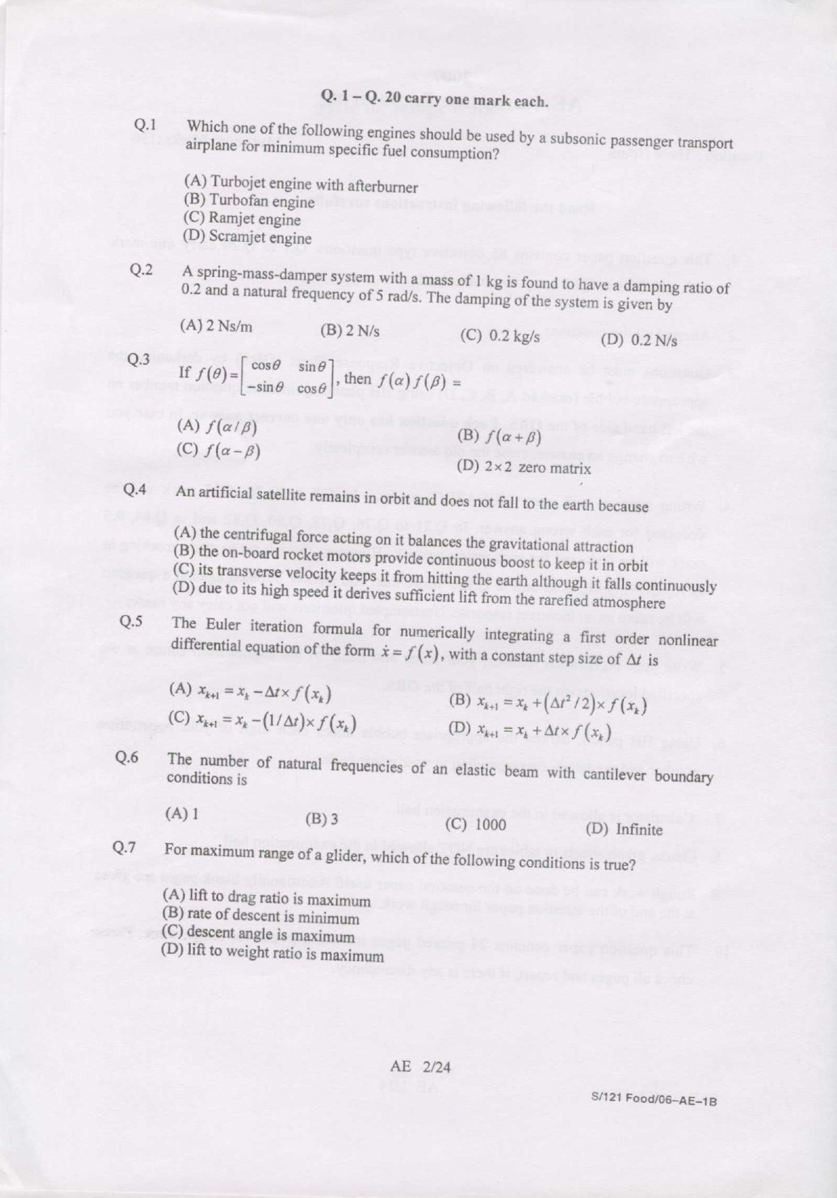 GATE Exam 2007 Aerospace Engineering Question Paper 2