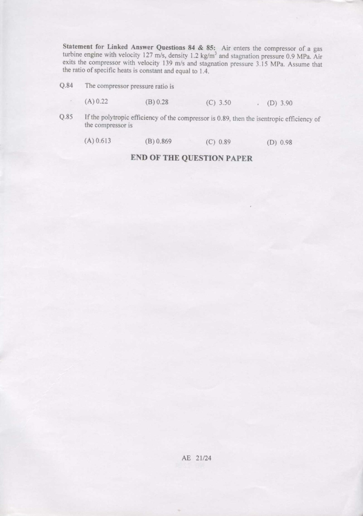 GATE Exam 2007 Aerospace Engineering Question Paper 21