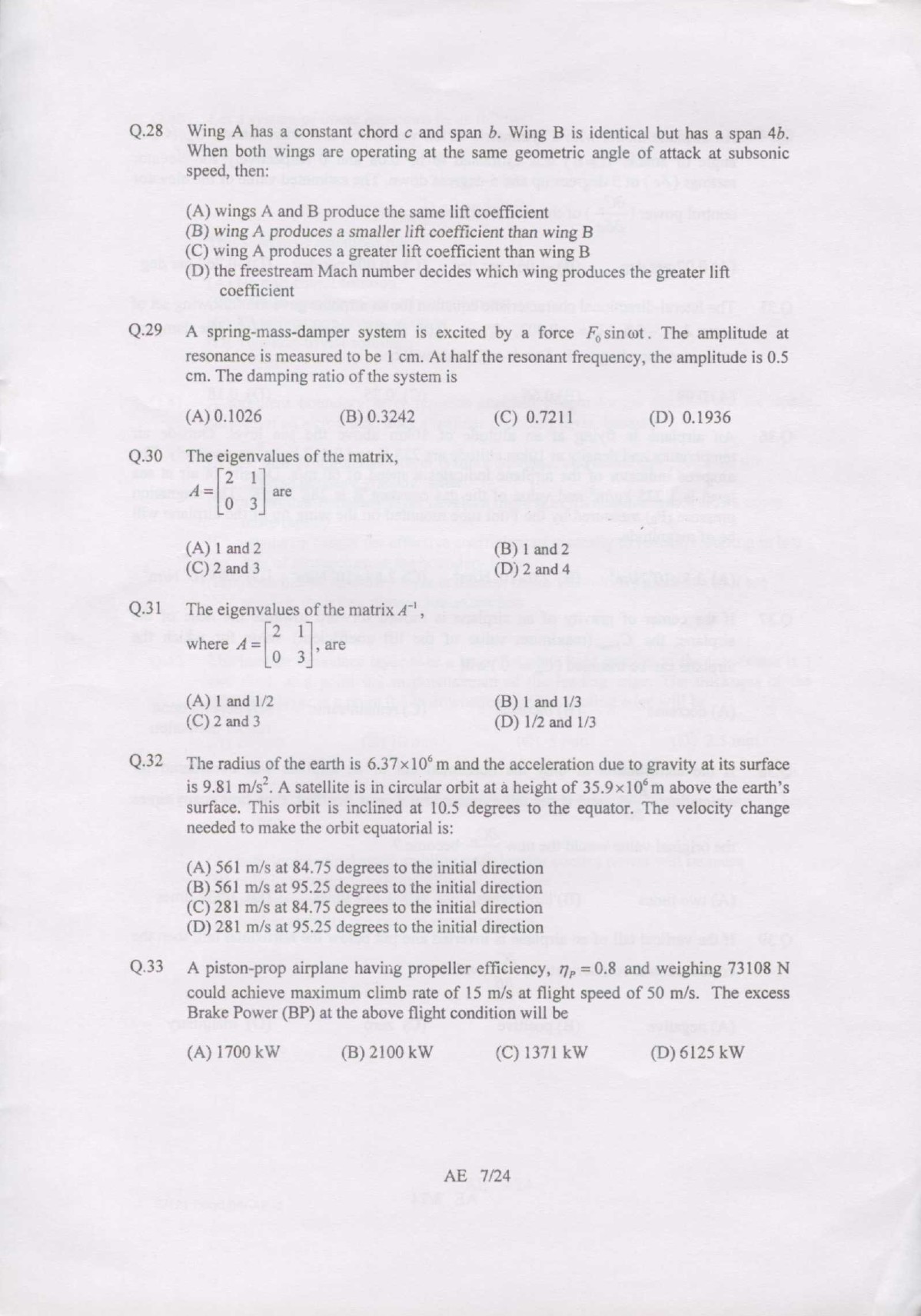 GATE Exam 2007 Aerospace Engineering Question Paper 7