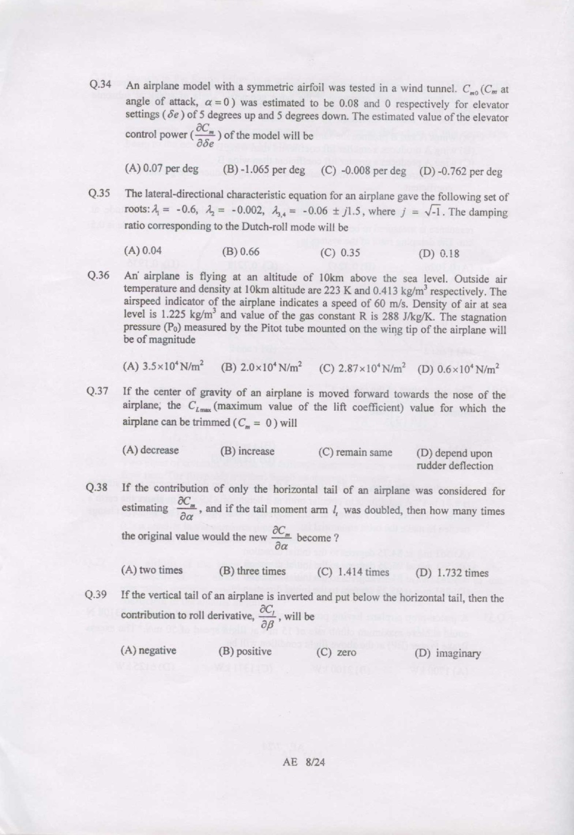GATE Exam 2007 Aerospace Engineering Question Paper 8
