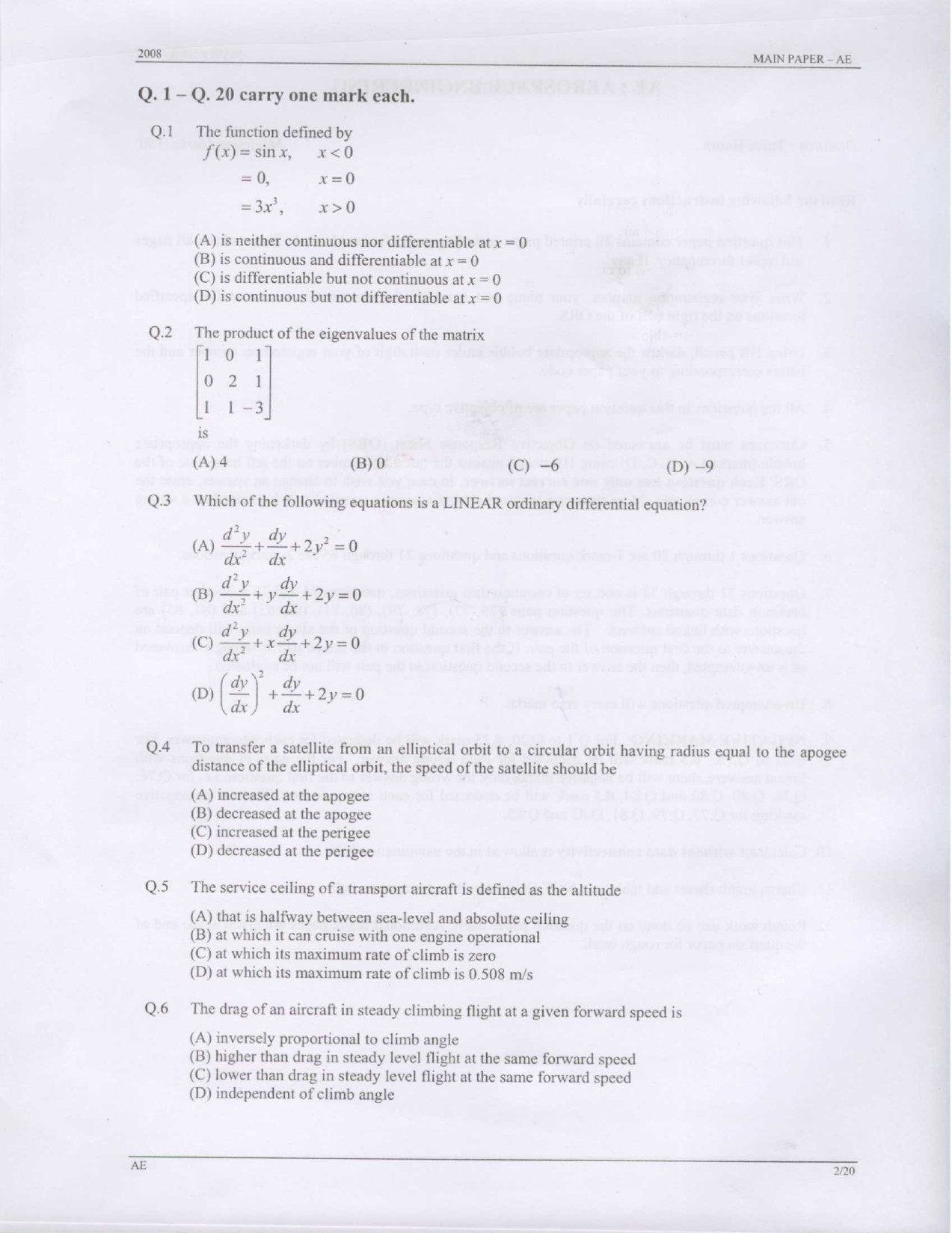 GATE Exam 2008 Aerospace Engineering Question Paper 2