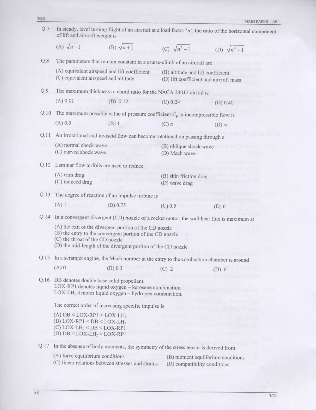 GATE Exam 2008 Aerospace Engineering Question Paper 3