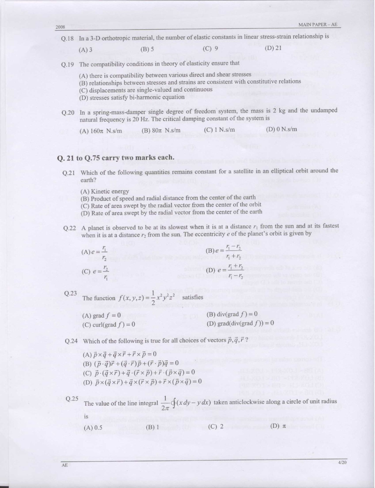 GATE Exam 2008 Aerospace Engineering Question Paper 4