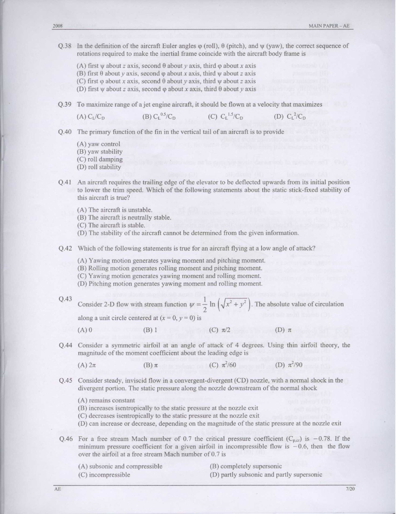 GATE Exam 2008 Aerospace Engineering Question Paper 7