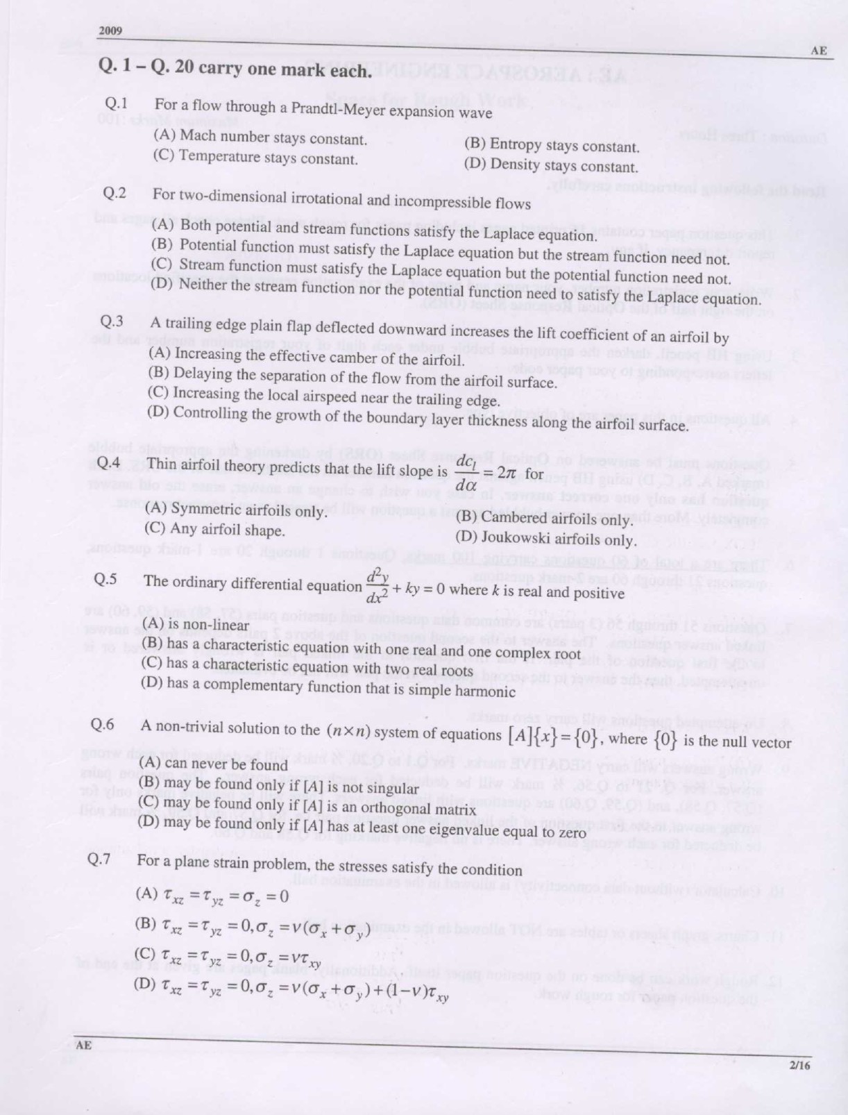 GATE Exam 2009 Aerospace Engineering Question Paper 2