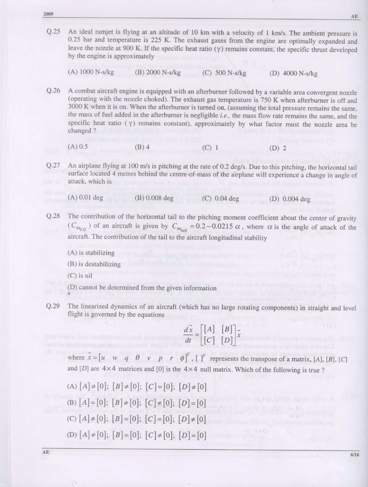 GATE Exam 2009 Aerospace Engineering Question Paper 6