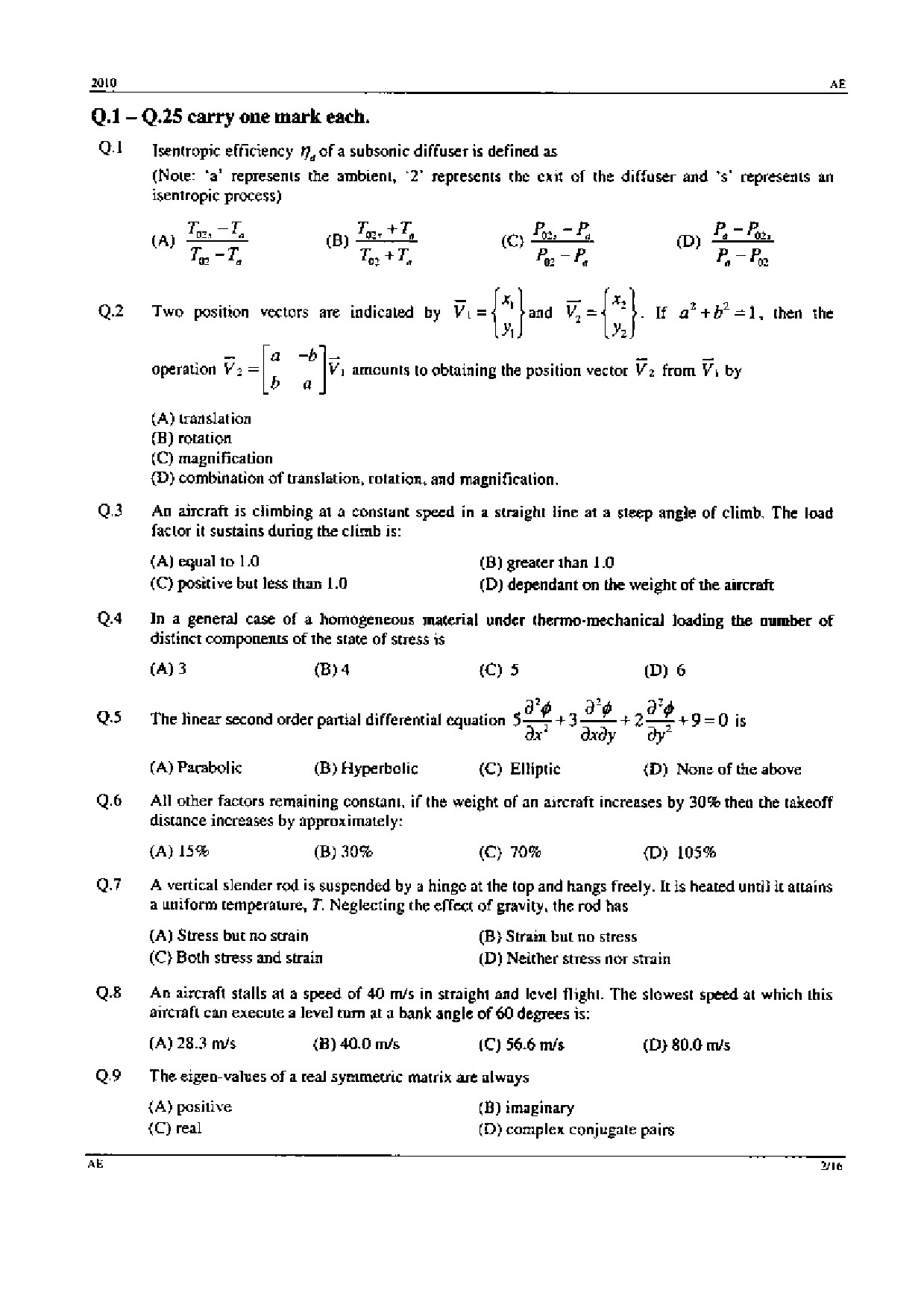 GATE Exam 2010 Aerospace Engineering Question Paper 2