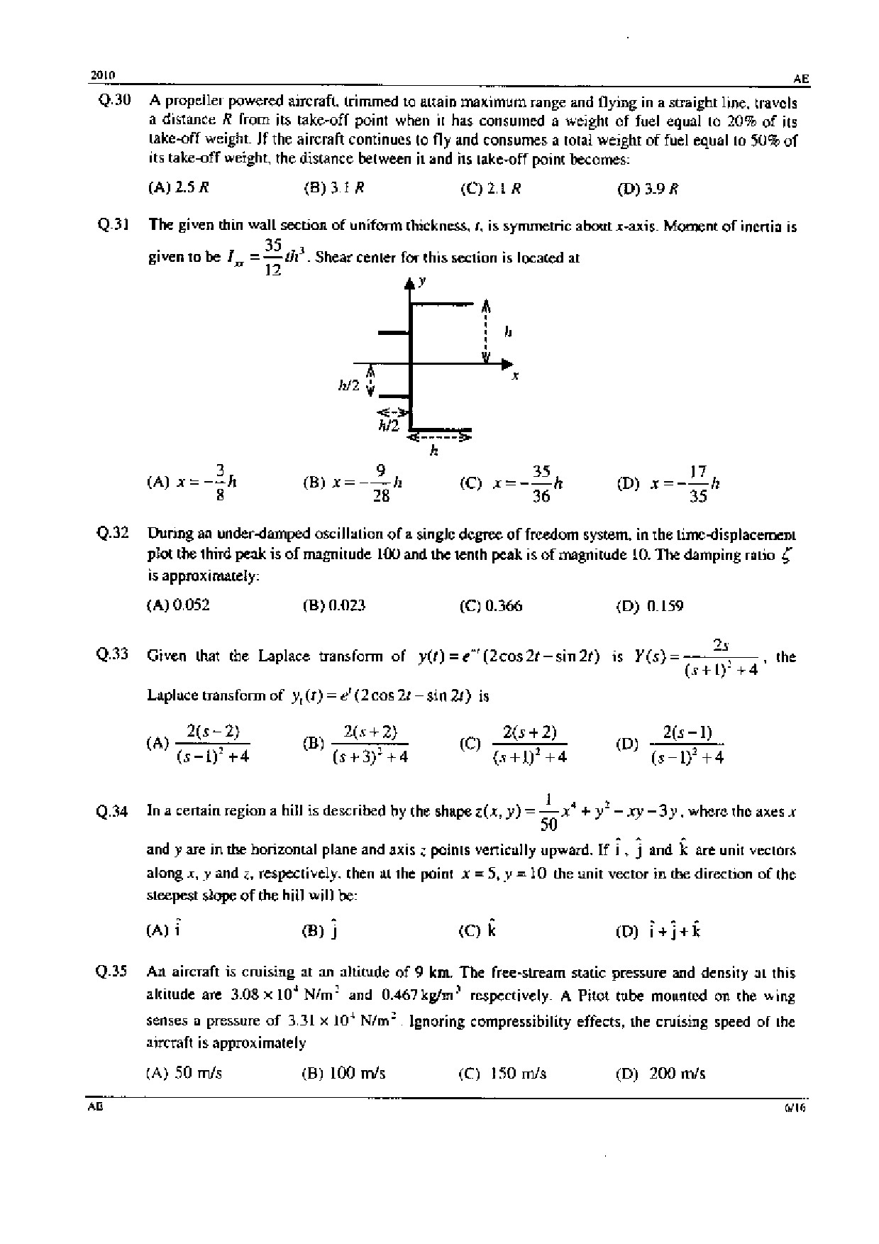GATE Exam 2010 Aerospace Engineering Question Paper 6