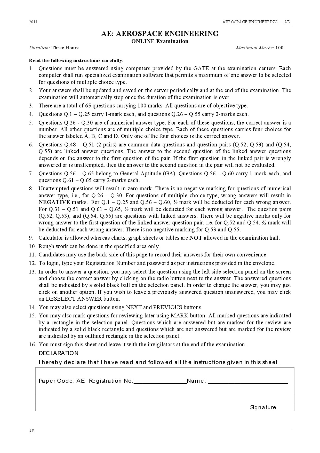 GATE Exam 2011 Aerospace Engineering Question Paper 1