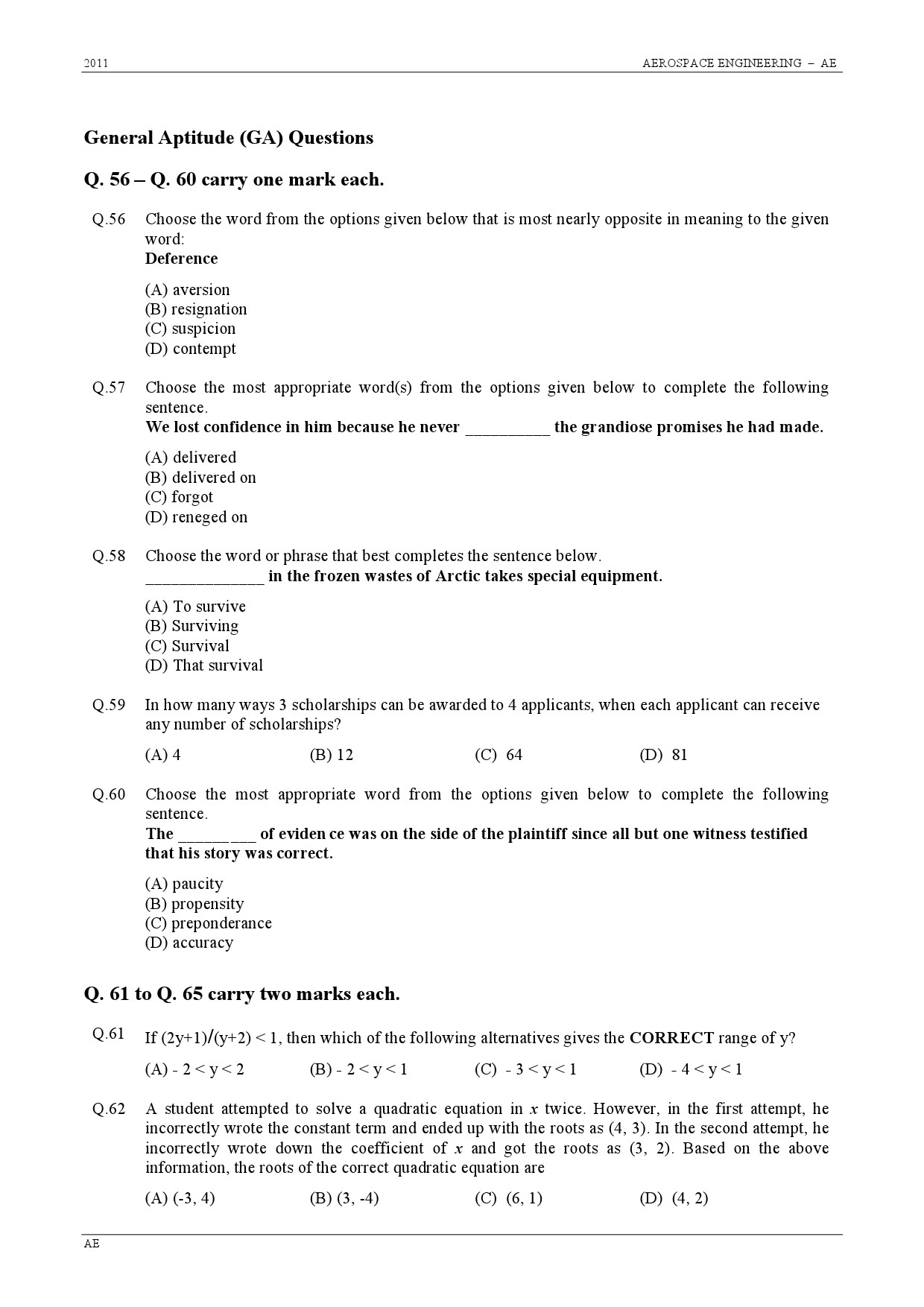 GATE Exam 2011 Aerospace Engineering Question Paper 10