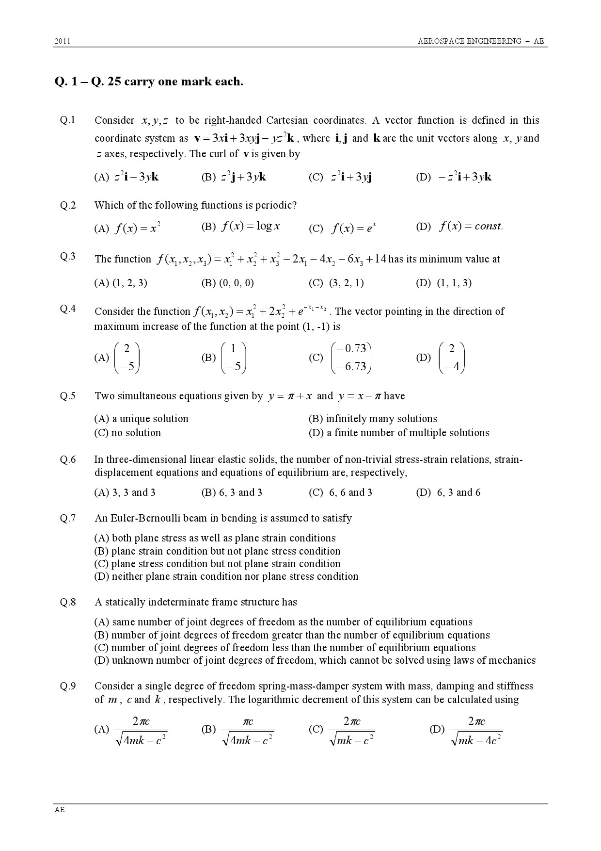 GATE Exam 2011 Aerospace Engineering Question Paper 2