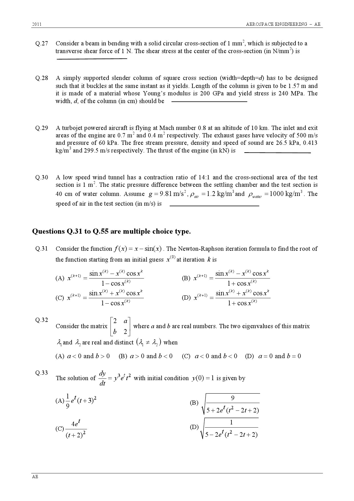 GATE Exam 2011 Aerospace Engineering Question Paper 5