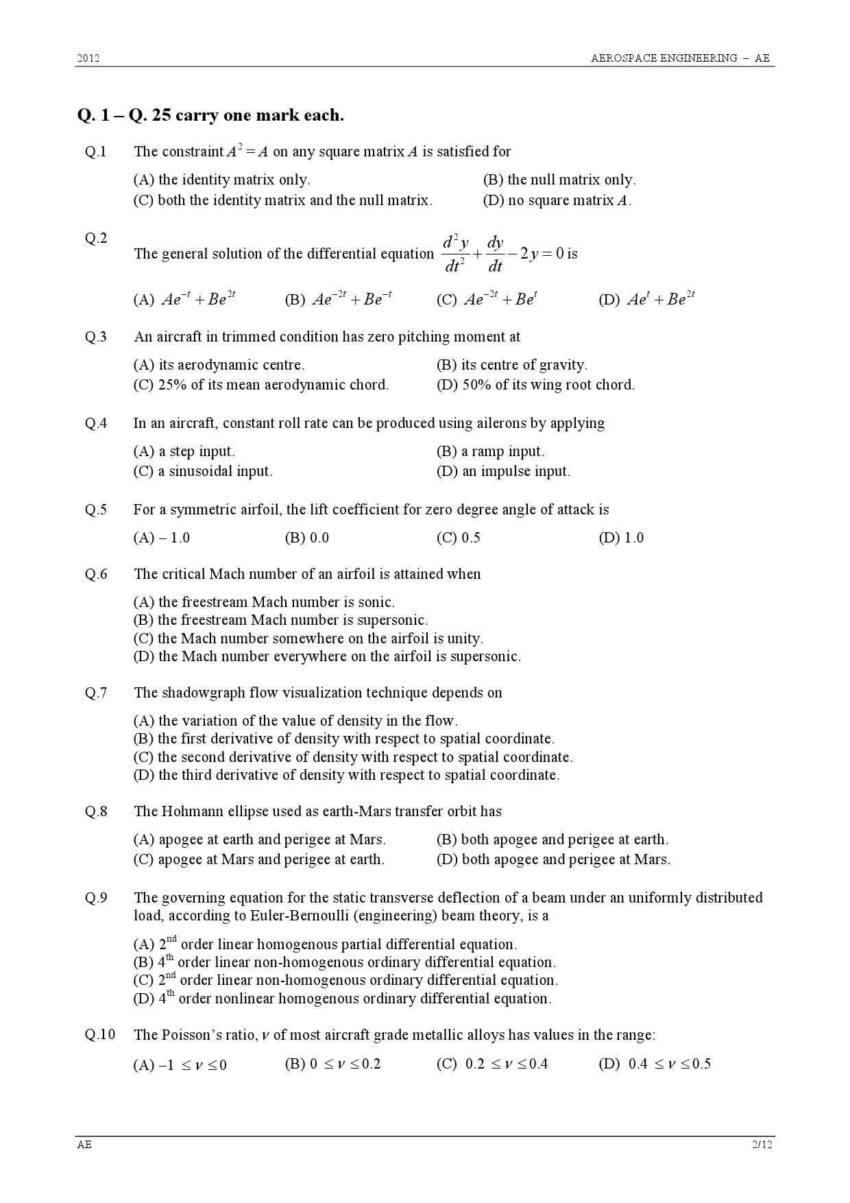 GATE Exam 2012 Aerospace Engineering Question Paper 2