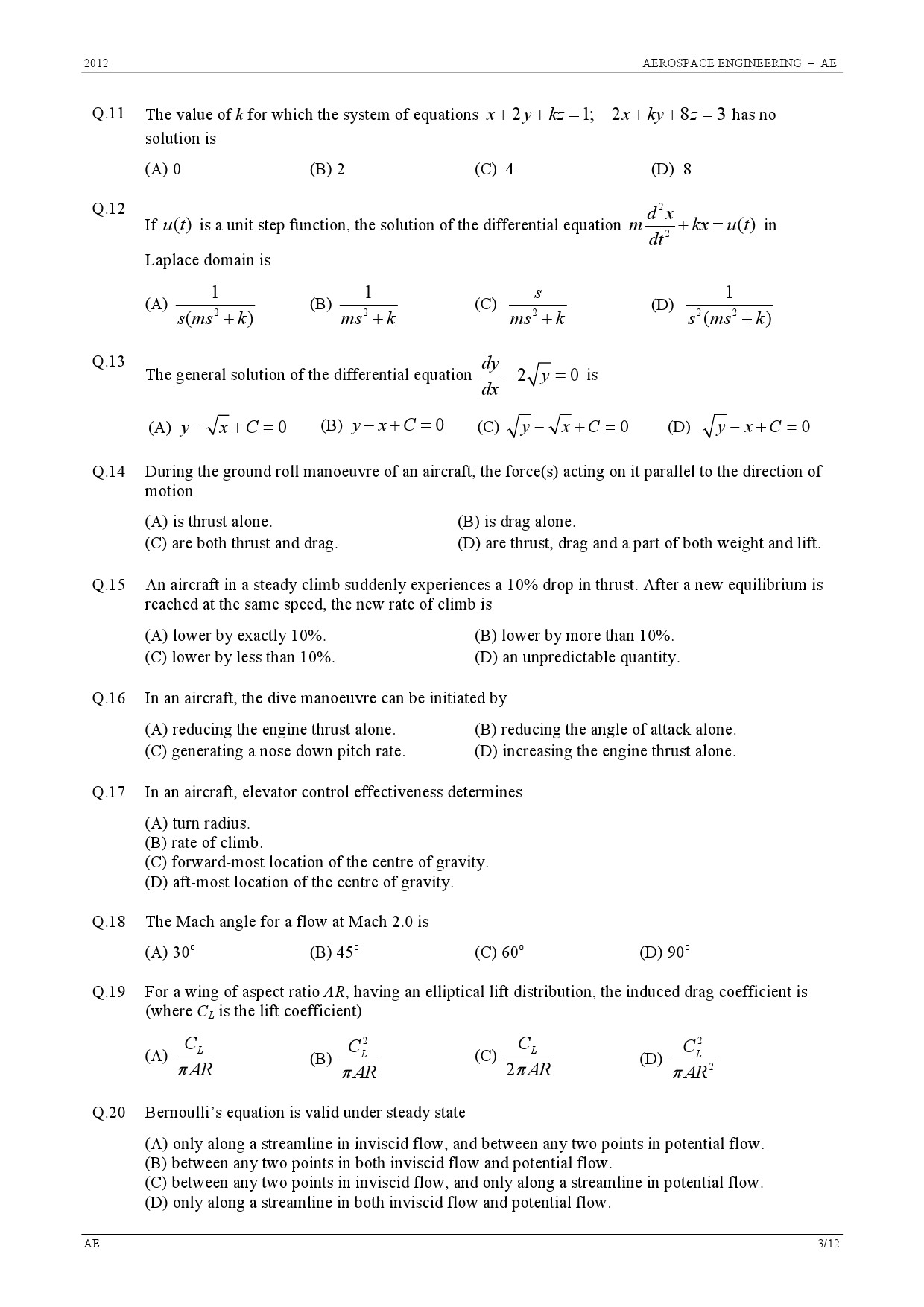 GATE Exam 2012 Aerospace Engineering Question Paper 3