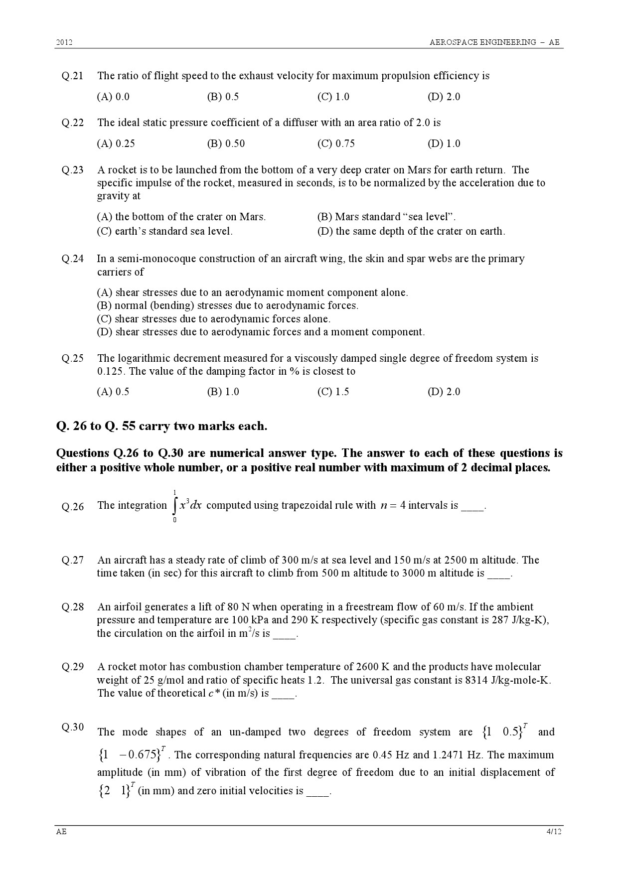 GATE Exam 2012 Aerospace Engineering Question Paper 4