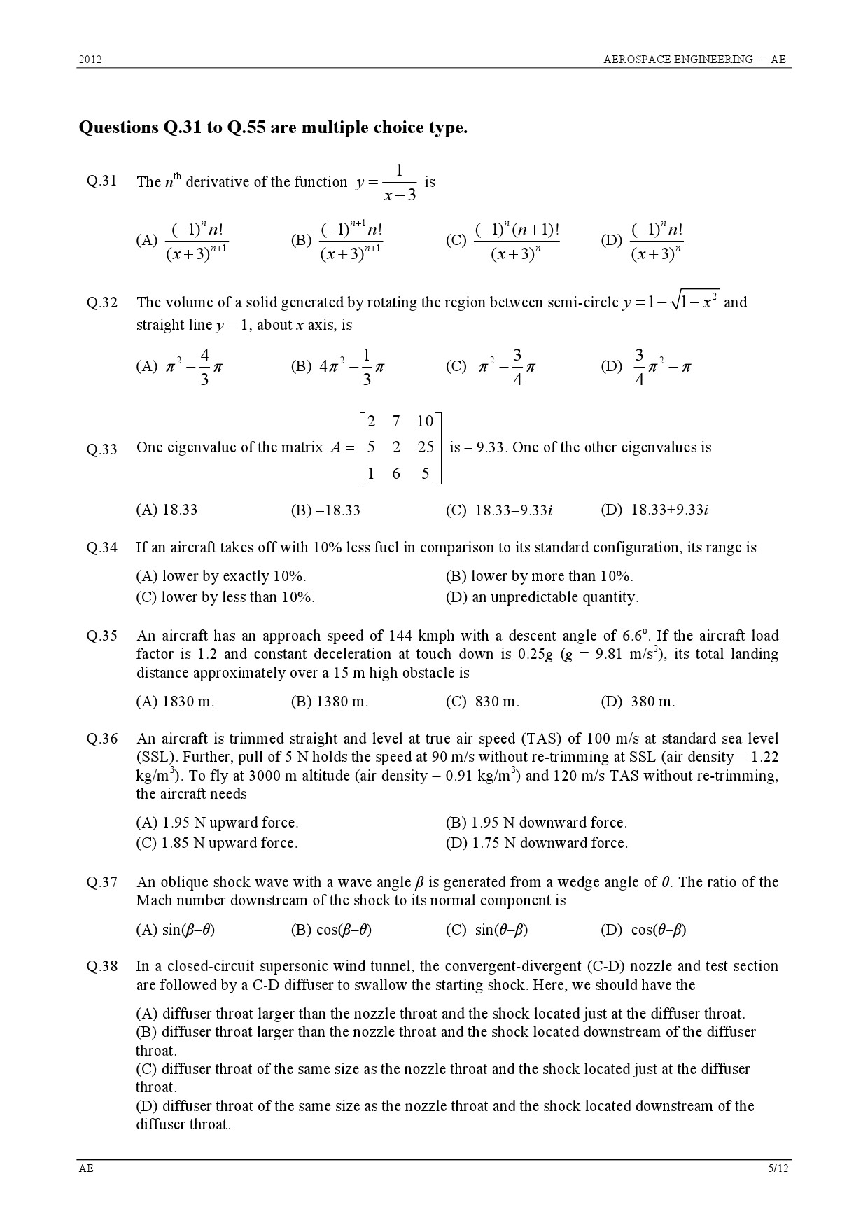 GATE Exam 2012 Aerospace Engineering Question Paper 5
