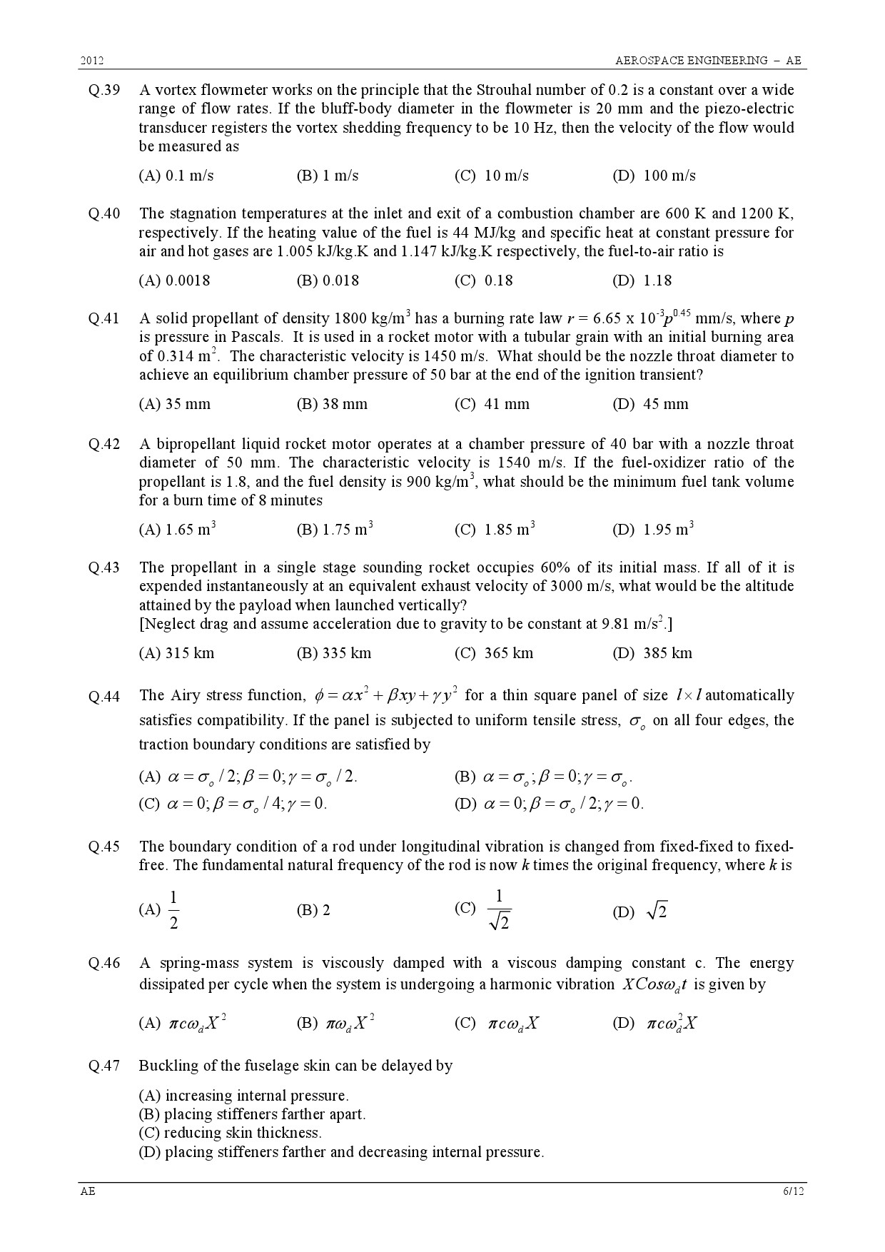 GATE Exam 2012 Aerospace Engineering Question Paper 6