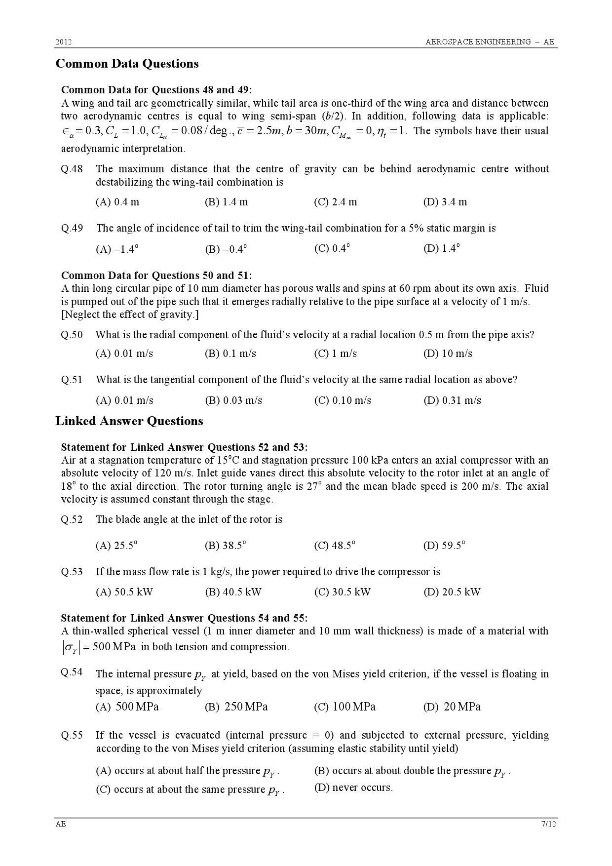 GATE Exam 2012 Aerospace Engineering Question Paper 7