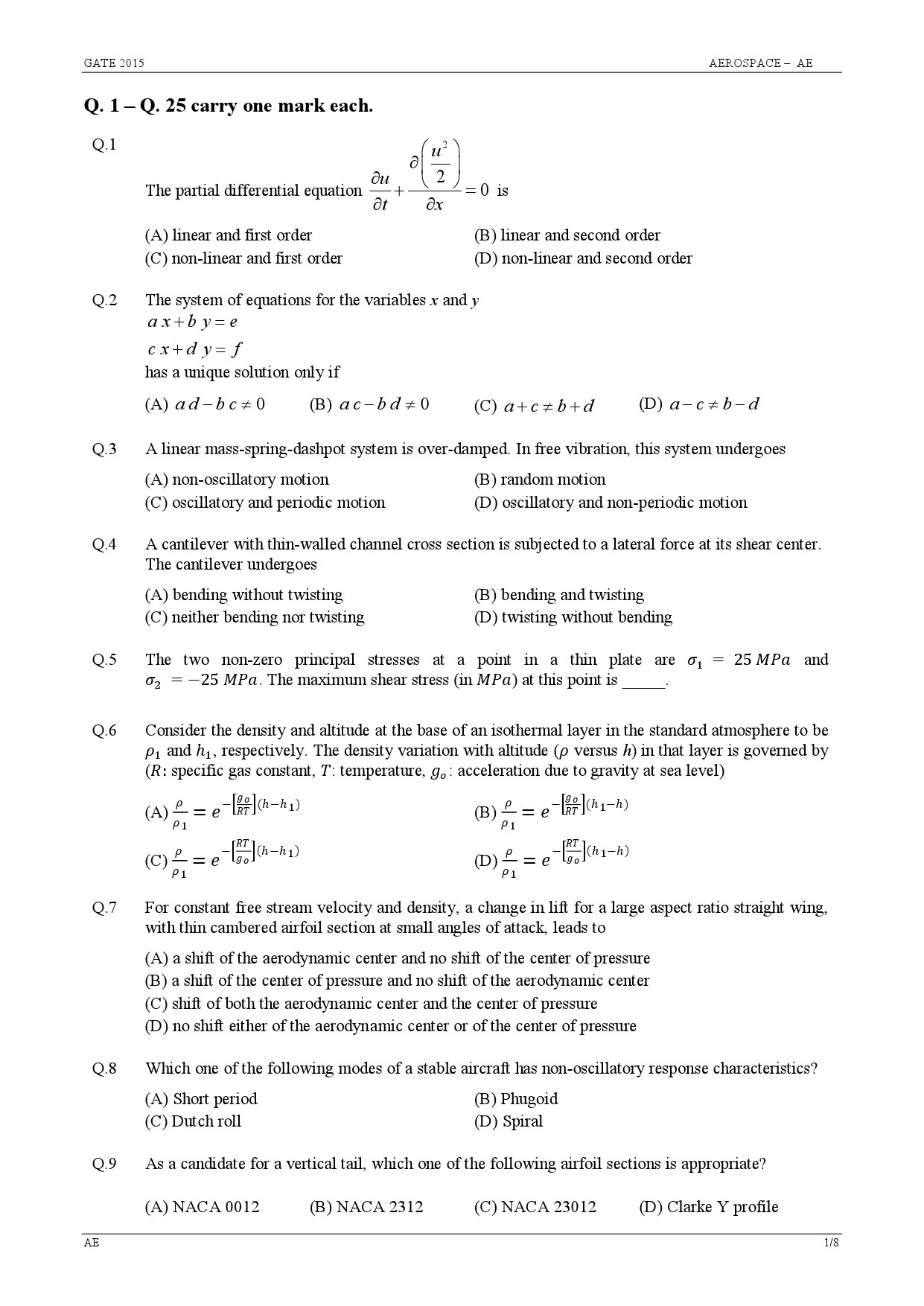 GATE Exam 2015 Aerospace Engineering Question Paper 1