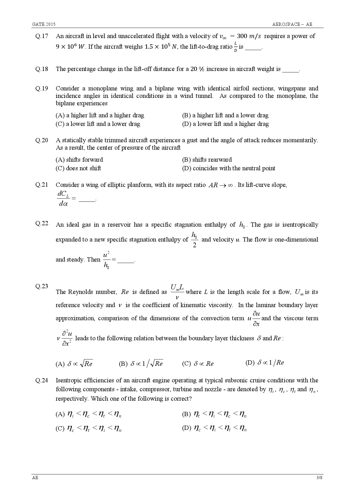 GATE Exam 2015 Aerospace Engineering Question Paper 3