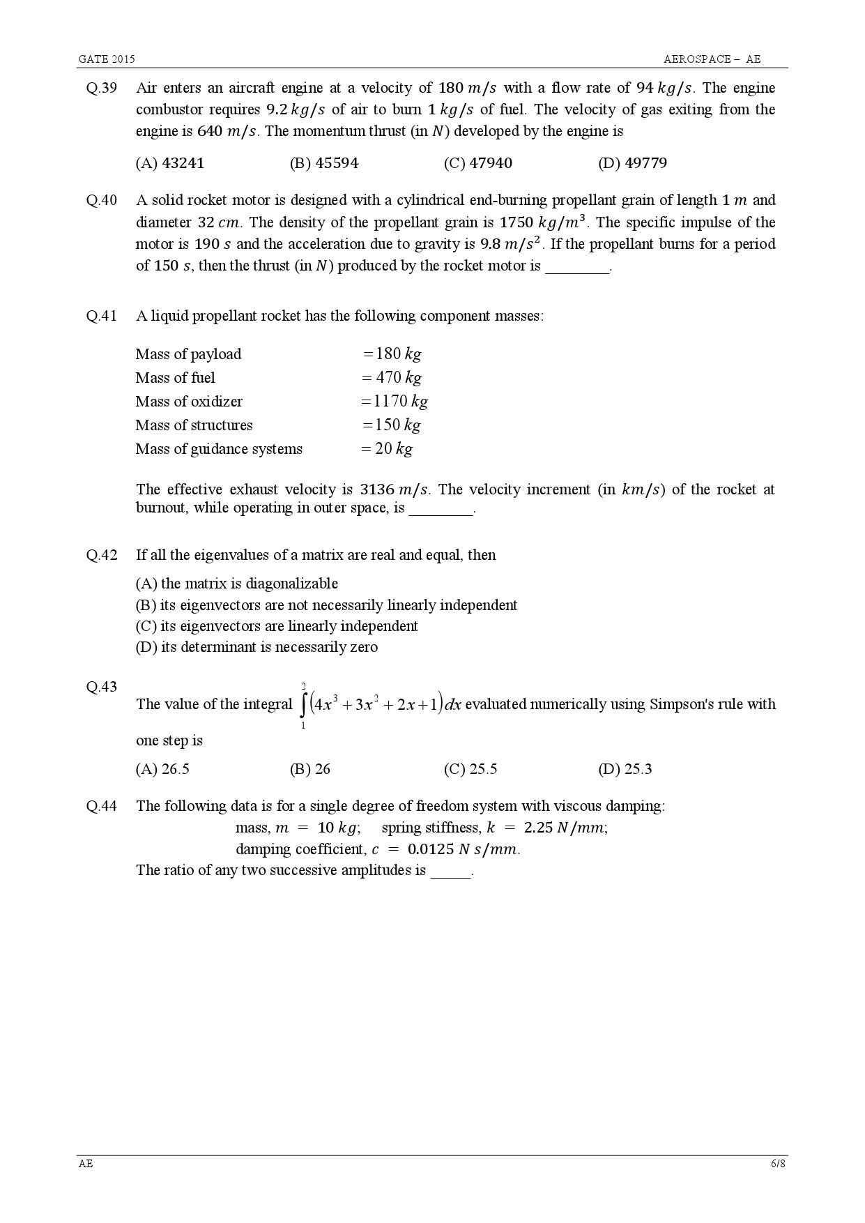 GATE Exam 2015 Aerospace Engineering Question Paper 6