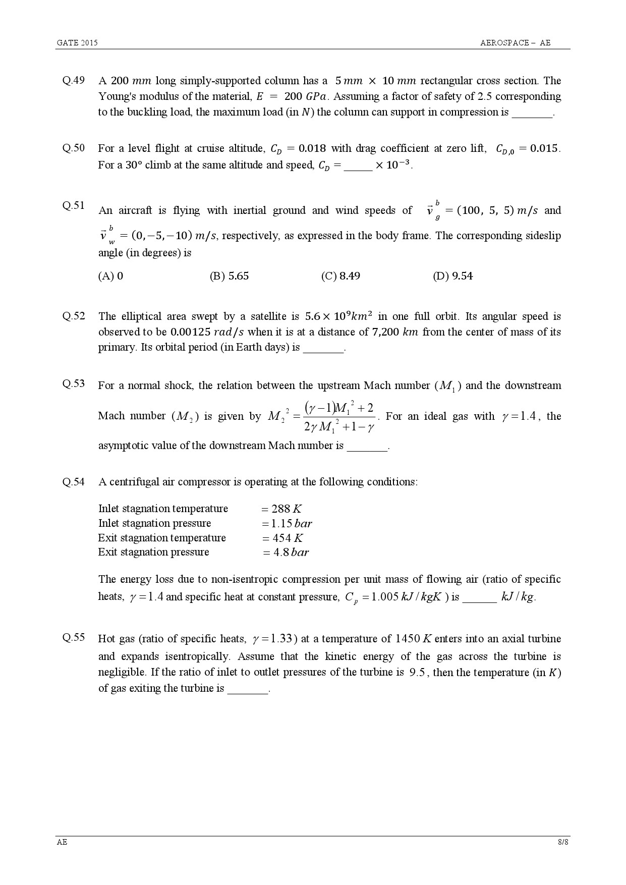 GATE Exam 2015 Aerospace Engineering Question Paper 8