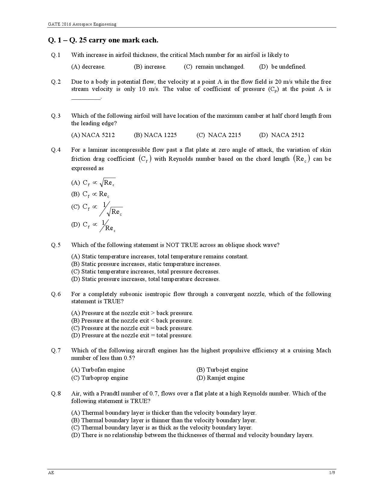 GATE Exam 2016 Aerospace Engineering Question Paper 1